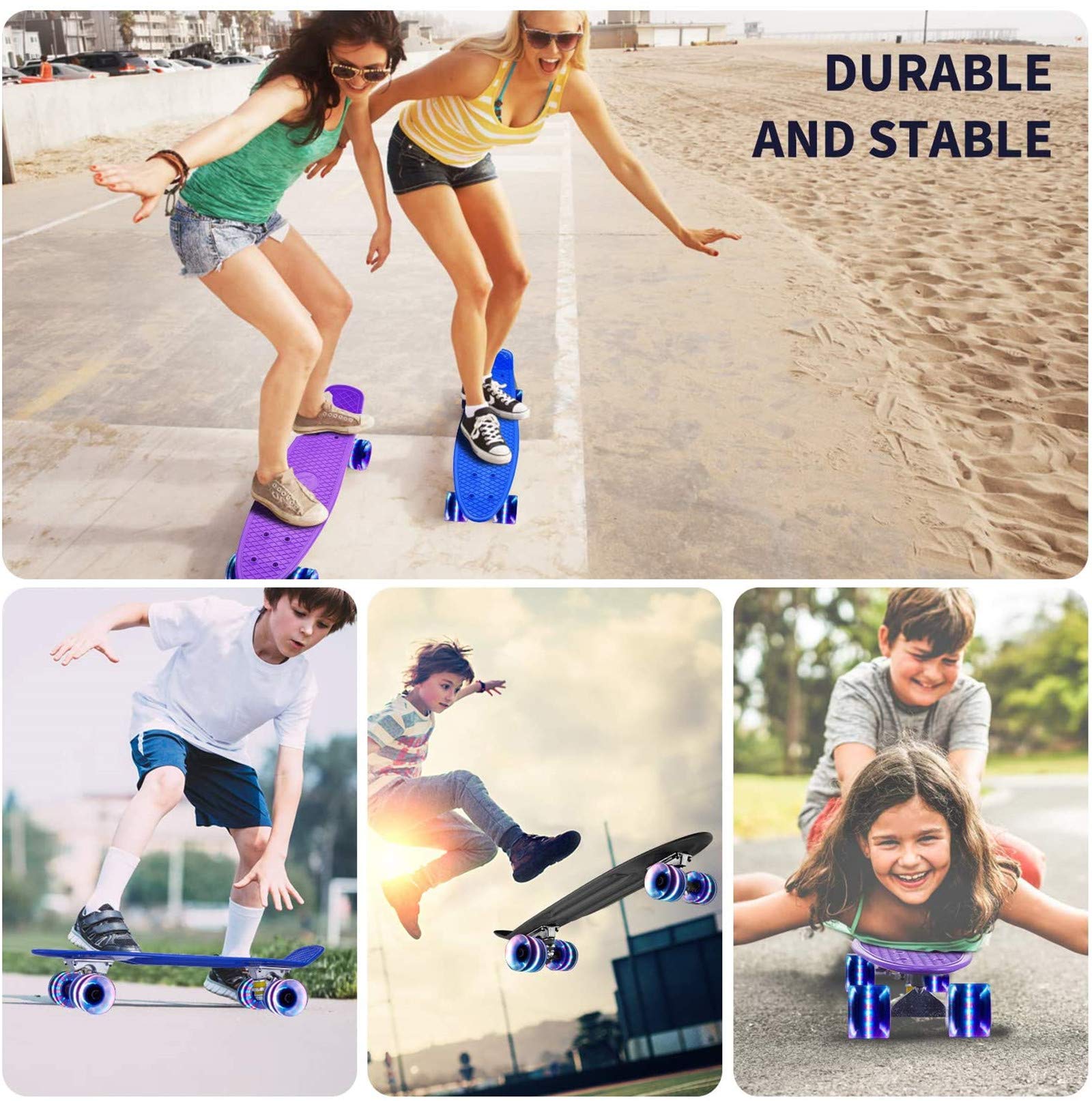 Skateboard Complet Mini Cruiser Planche À roulettes en Plastique 22 Pouces pour Enfants Garçons Filles Débutants Adolescents Adultes, LED Light Up Wheels avec Roulements Et Tout-en-Un Skate T-Tool