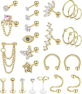 26Pcs 16G Cartilage Earrings For Women Men Tragus Piercing Jewelry Stainless Steel Conch Stud Hoop Earring Hypoallergenic CZ Butterfly Heart Evil Eye Tragus Conch Helix Daith Cartilage Piercing Jewelry