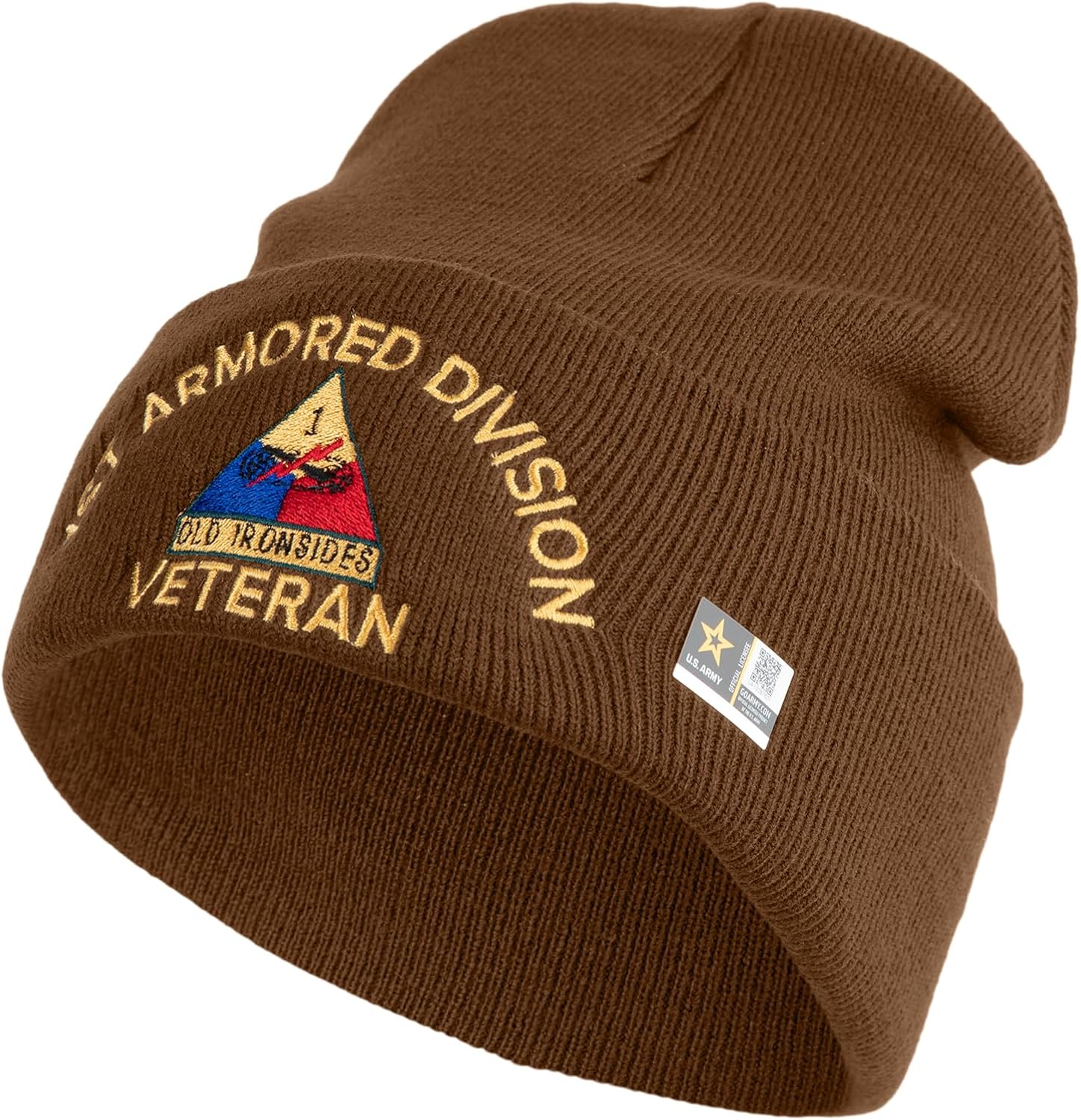 U.S. Army 1st Armored Division Logo Embroidered 12 Inch Solid Knit Cuff Long Beanie Made in USA