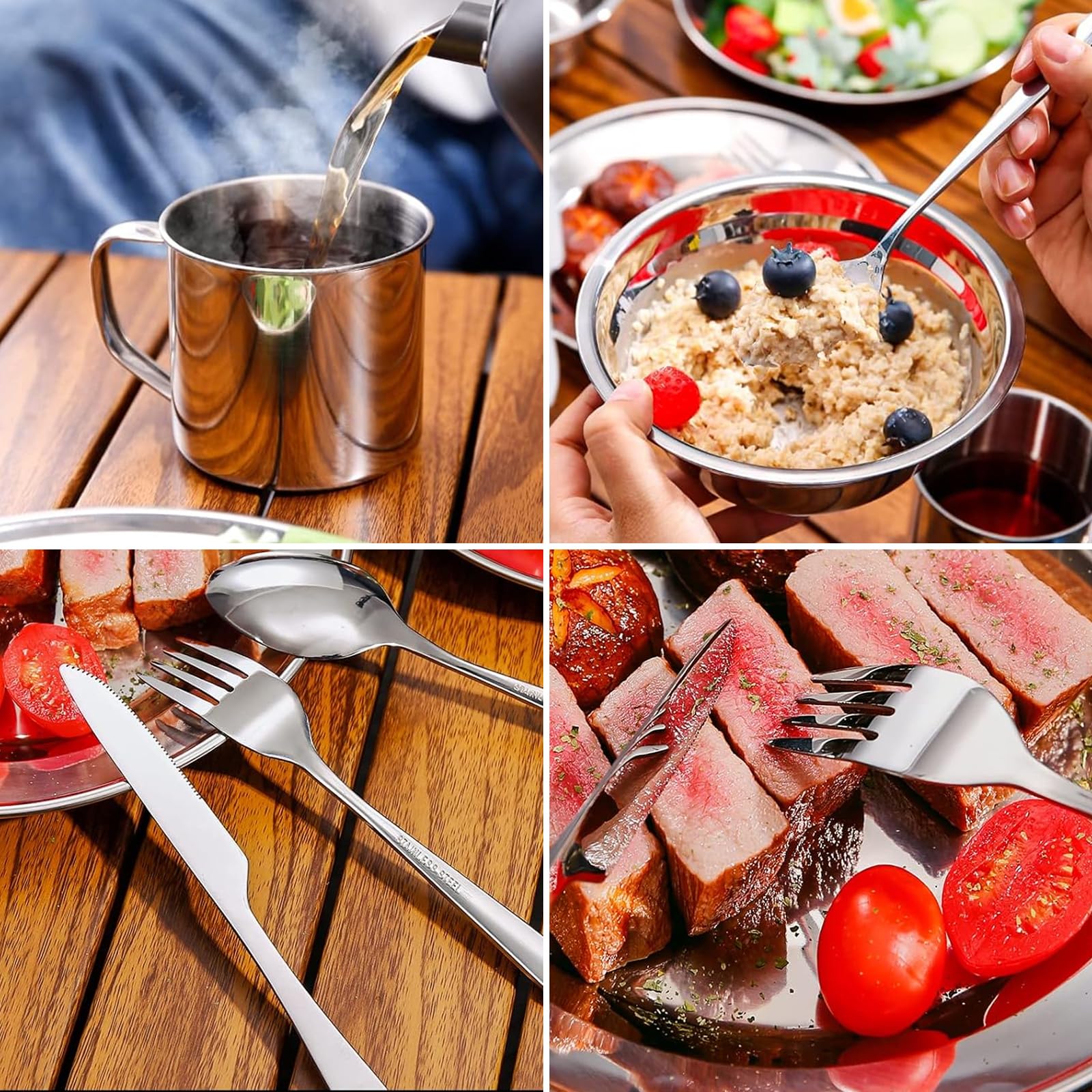 Set Posate Da Campeggio In Acciaio Inox - Piatto, Ciotola, Tazza, Posate Pieghevoli, Borsa Rete - Foto 6