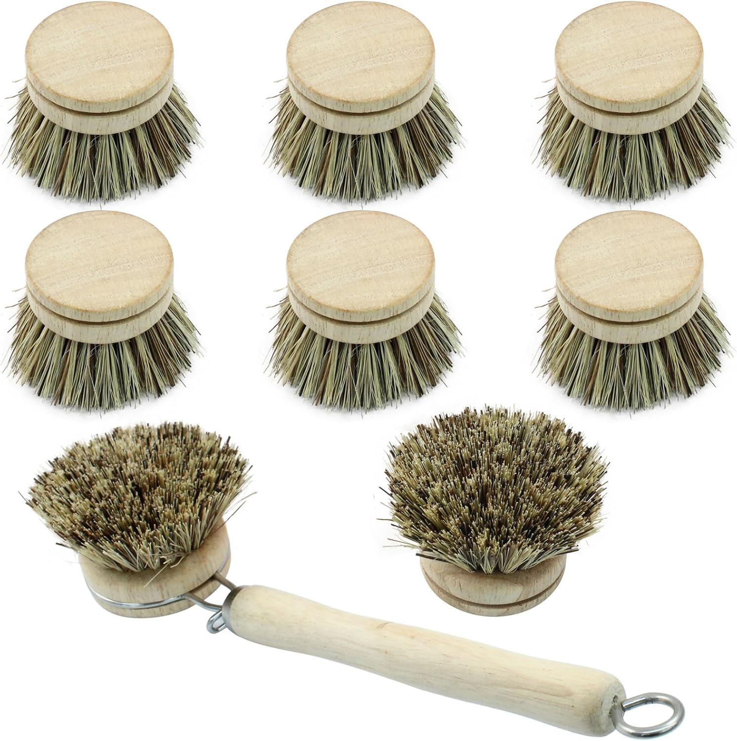木製食器クリーニングブラシセット キッチンクリーニング用品用 木製ハンドル付きディッシュブラシ1本 交換用ヘッド8個 (手のひら毛)