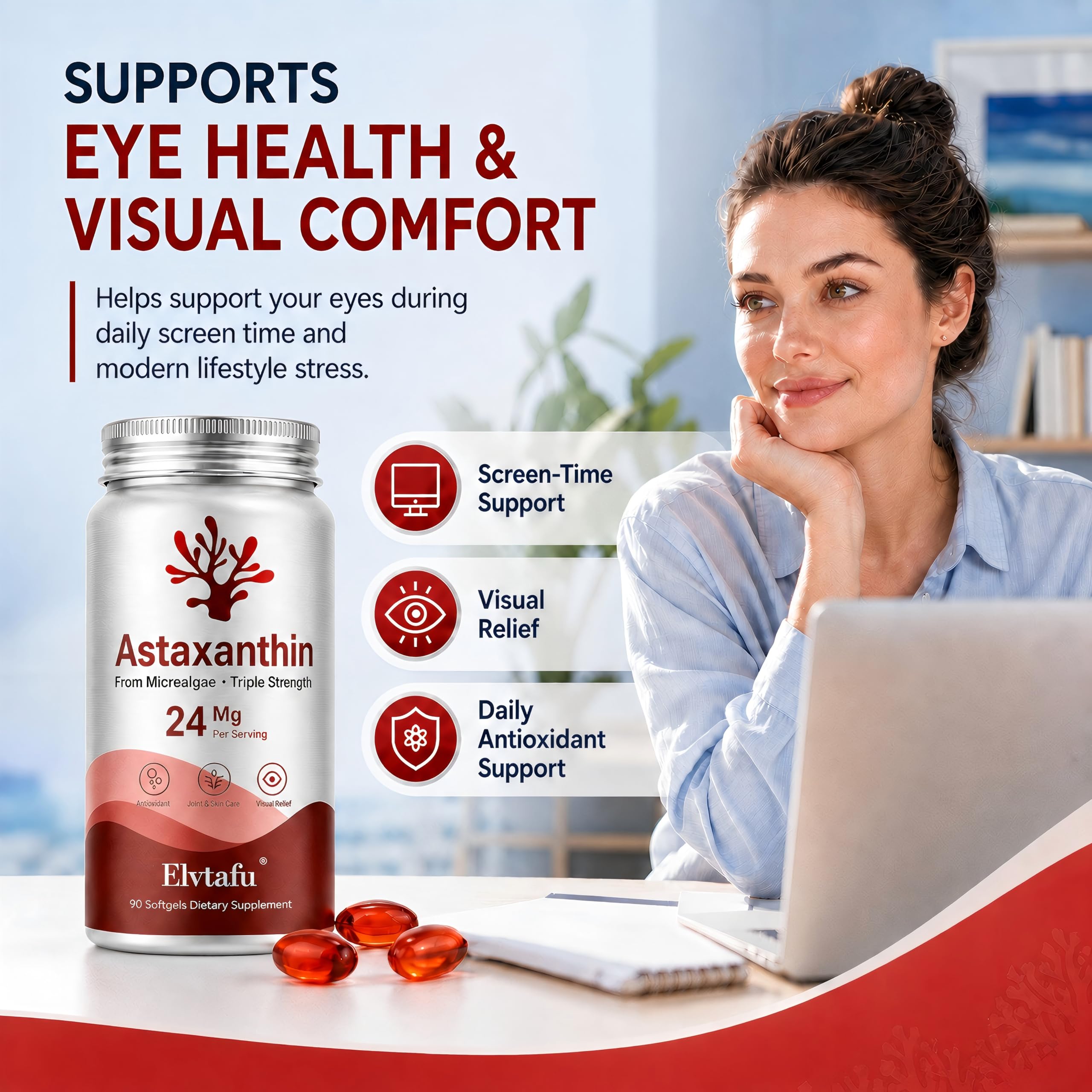 Astaxanthin Supplements 24mg Astaxanthin Softgels,from Microalgae, Triple Strength Astaxantina Antioxidant Wellness Support, 90 Softgels — Amazon image 6
