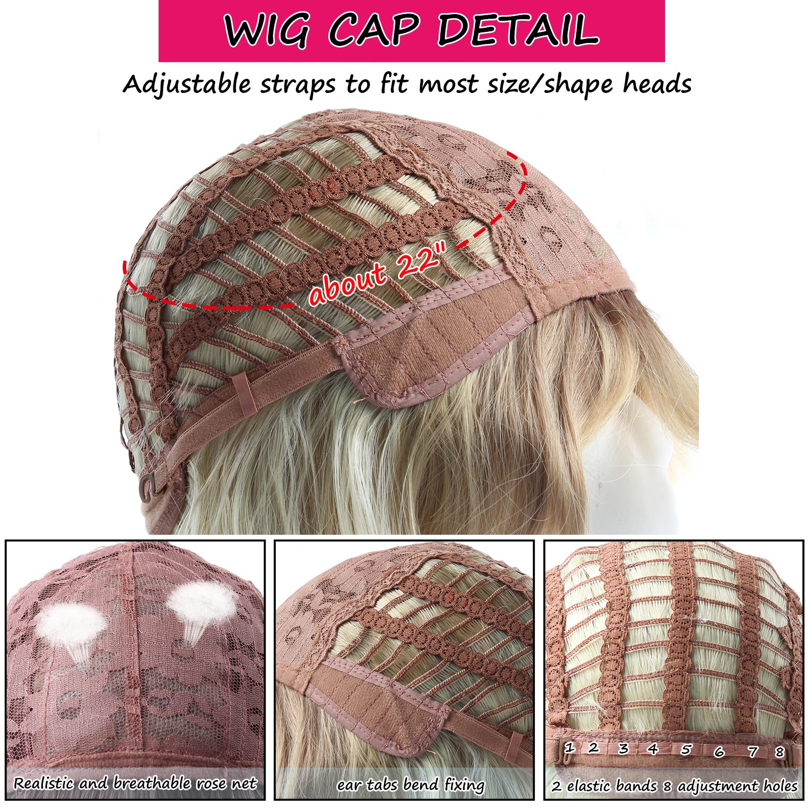 Perruque Synthétique Rose Courte Ondulée - Frange - Bonnet Moyen +4 - 30 Cm - Femme