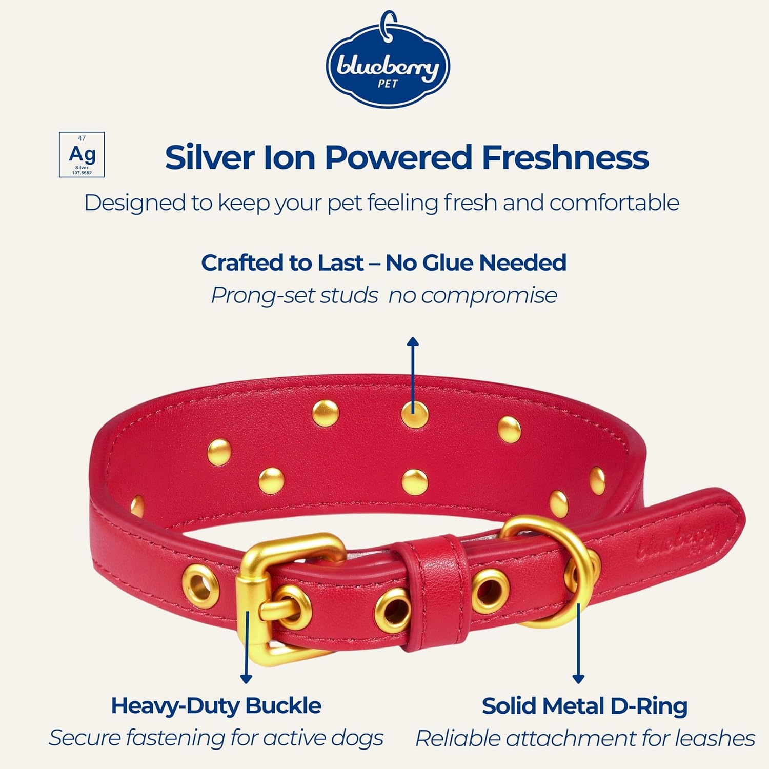 Blueberry Pet Premium Embossed Red Glam Silver-Powered Freshness Microfiber Leather Dog Collar with Gold Studs