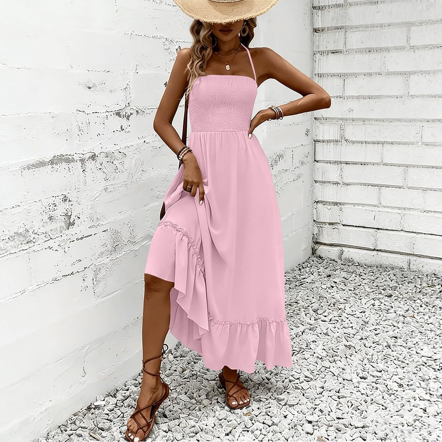 Women's Halter Backless Maxi Dress High Waist Loose Fit Flowy Dresses Elegant Summer Vacation Dresses 2026