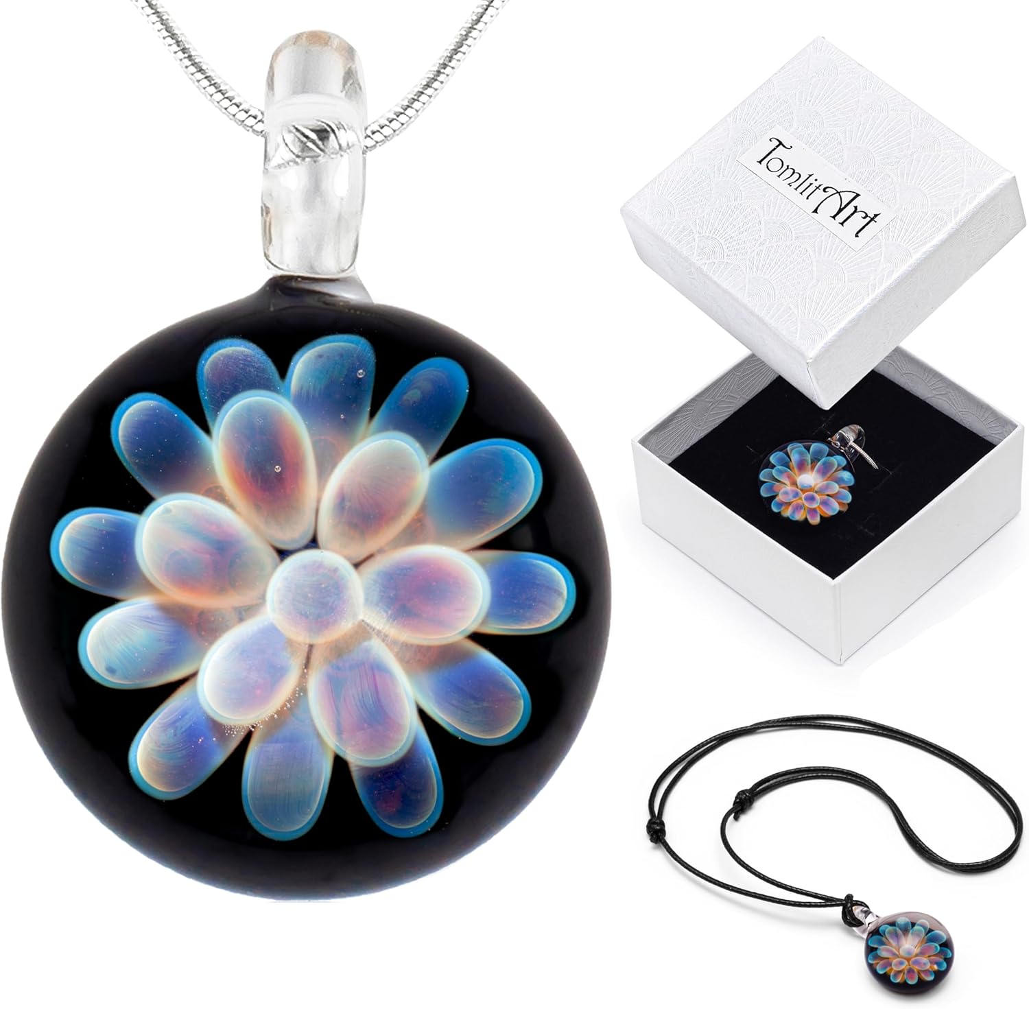 Handmade Glass Flower Pendant by TomlitArt - Art Jewelry Necklace Unique Gift for Women Girls - Silver Color Chain and Black Wax Cord