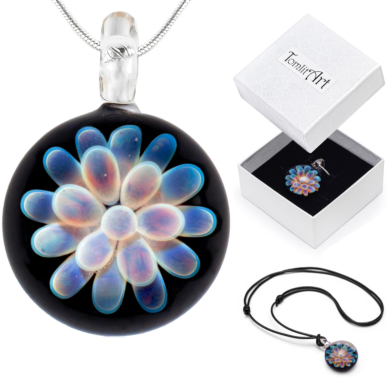 Handmade Glass Flower Pendant by TomlitArt - Art Jewelry Necklace Unique Gift for Women Girls - Silver Color Chain and Black Wax Cord
