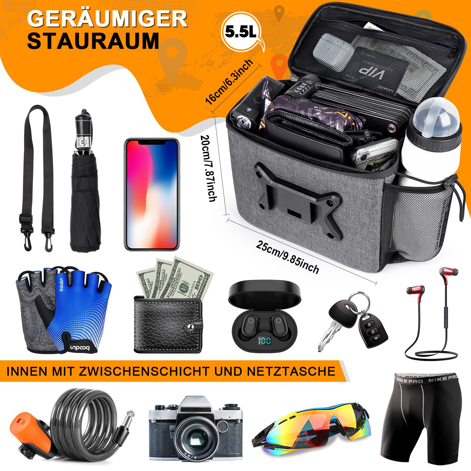 GXCROR Borsa da manubrio per bicicletta, 5,5 l, con touchscreen, impermeabile, per tutti i telefoni cellulari, D27GXC