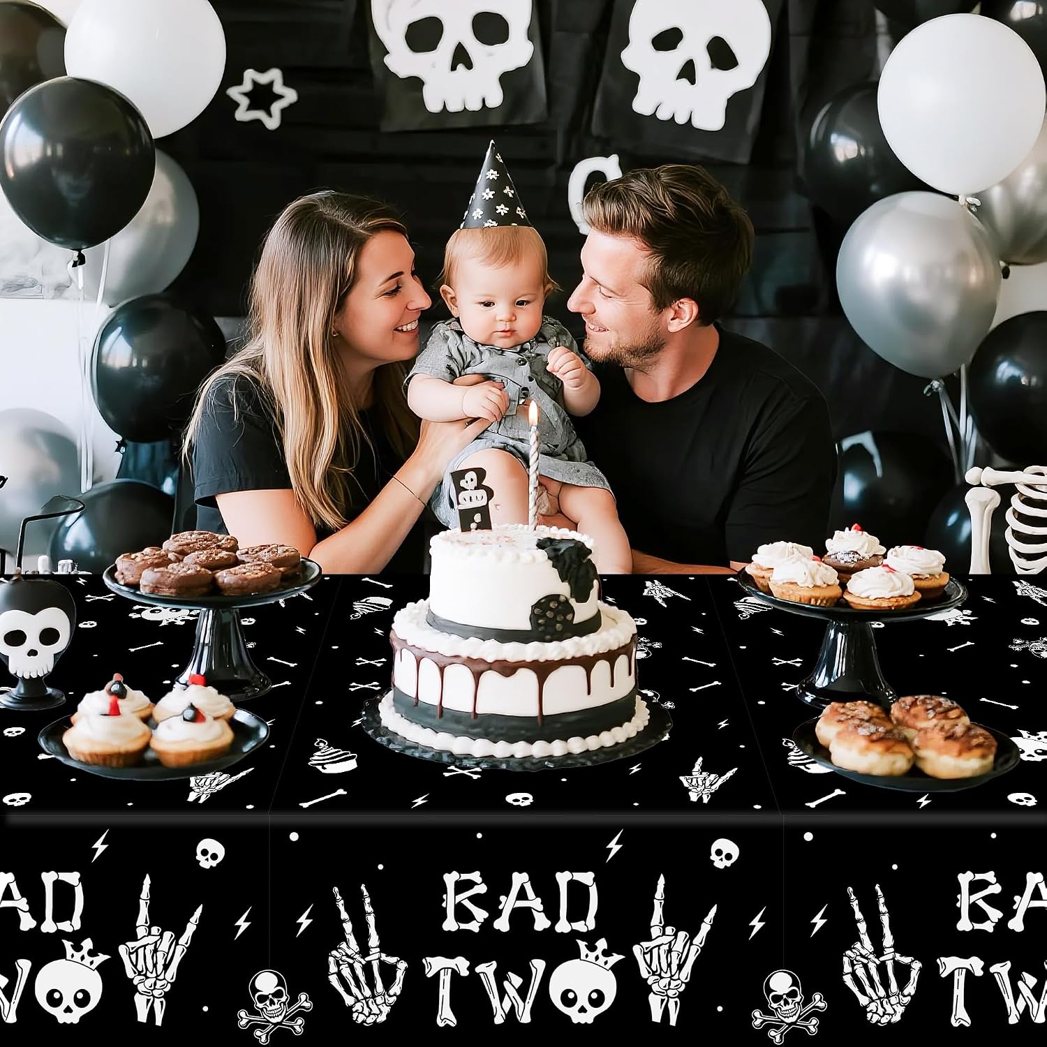 K1tpde 3PCS Bad Two The Bone Party Tablecloth for Kids, Music Themed 2nd Black Plastic Tablecloth, Rock and Roll 2nd Disposable Table Covers for Birthday Decoration, Skeleton Party Supplies