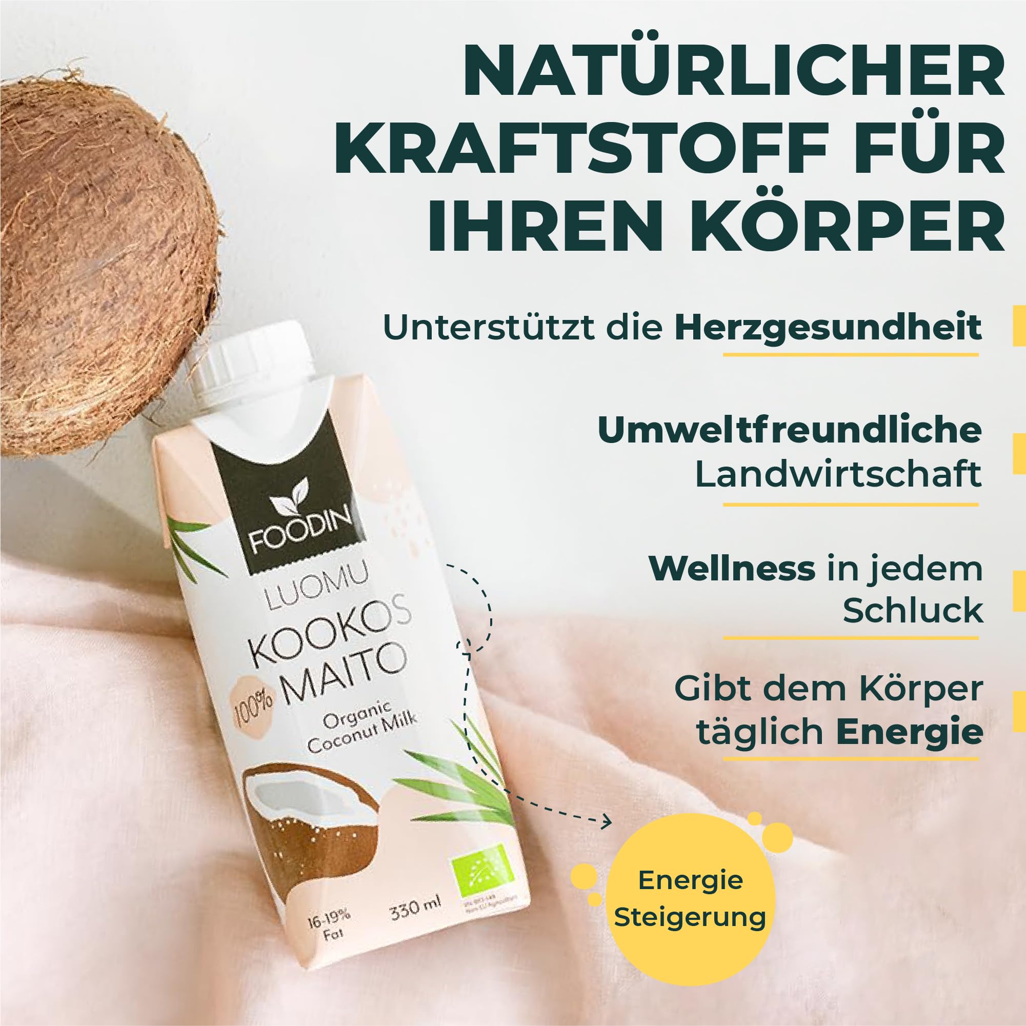 FOODIN Bio Kokosmilch 12 x 330 ml – Cremig & lecker, 100% vegan, aus weißem Kokosnuss-Fruchtfleisch, ideal für Currys, Suppen, Smoothies & Desserts