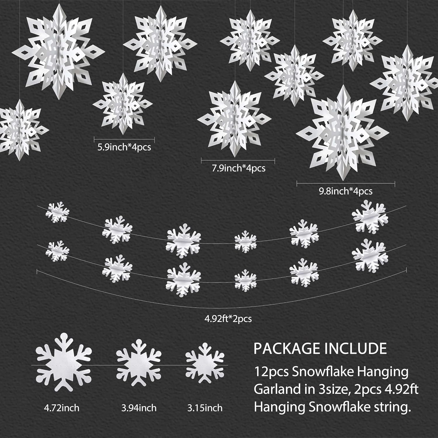 Snowflake Decorations, Paper Christmas Hanging Decor Indoor, White, 14-Pc image 3