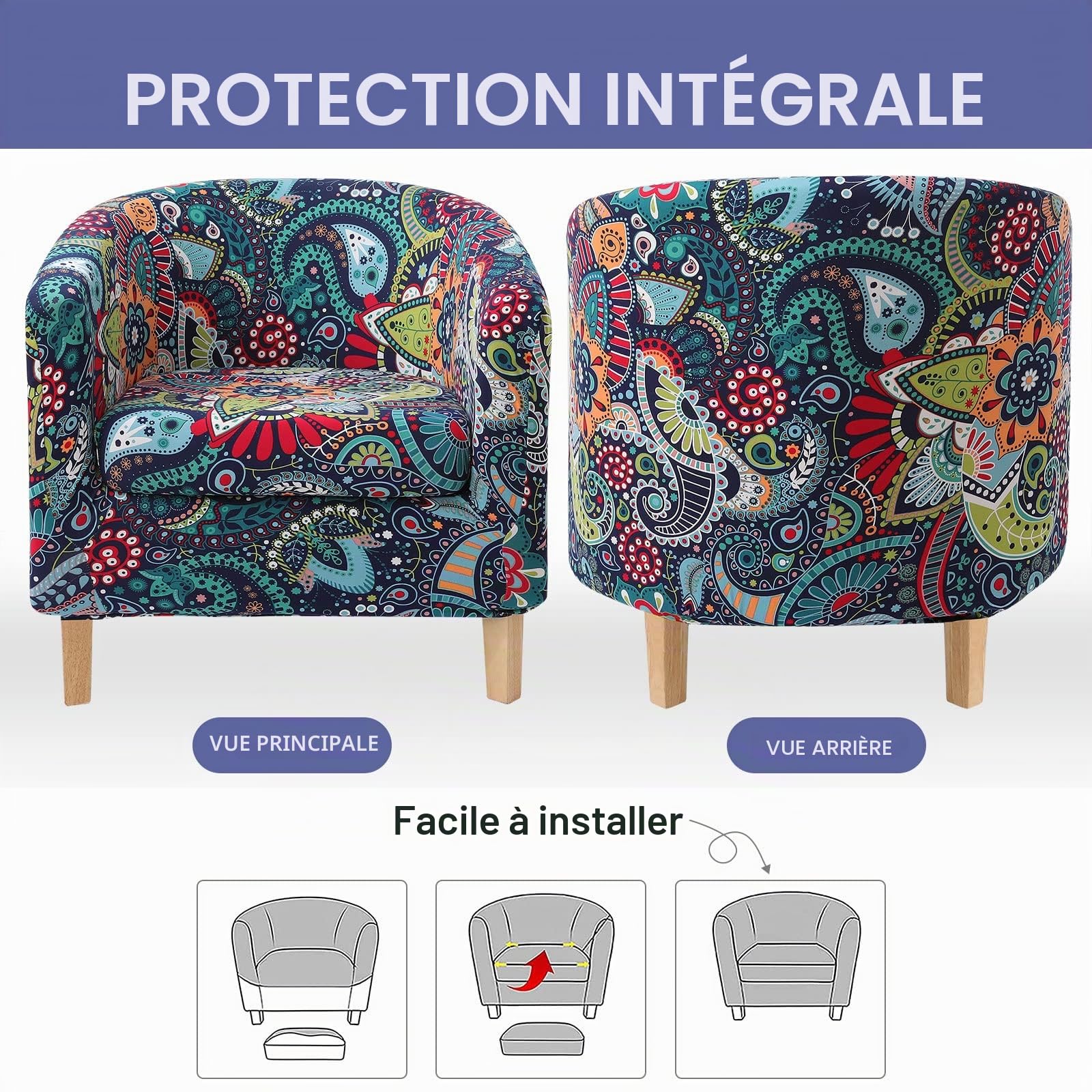 hyha Lot de 2 Housses de Fauteuil tonneau imprimées avec Housse de Coussin, Housse de Fauteuil Extensible Amovible pour IKEA Tullsta, Housse de Fauteuil, Protection de Meubles pour Salon, Bleu Vert