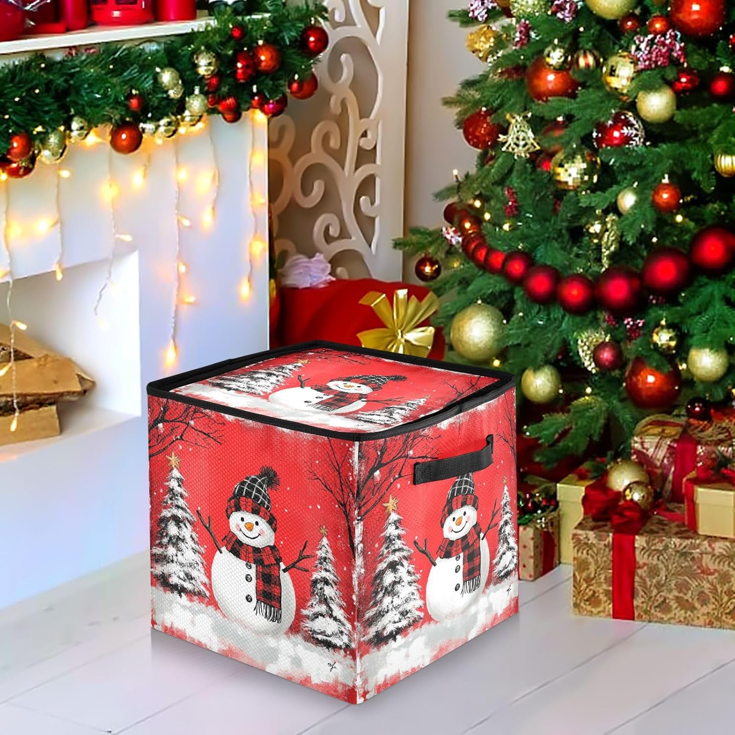 High Capacity Christmas ornament storage containers Holds Up to 64, Two Handles stackable Holiday Storage Case with Lid,Red Black Buffalo Plaid Snowman Xmas Trees
