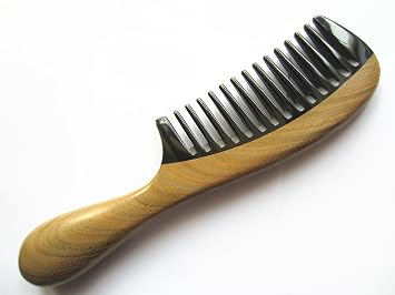 Gb-yb-mt Wide Tooth Handmade No Static Black Buffalo Horn Comb with Green Sandalwood Handle Rounded
