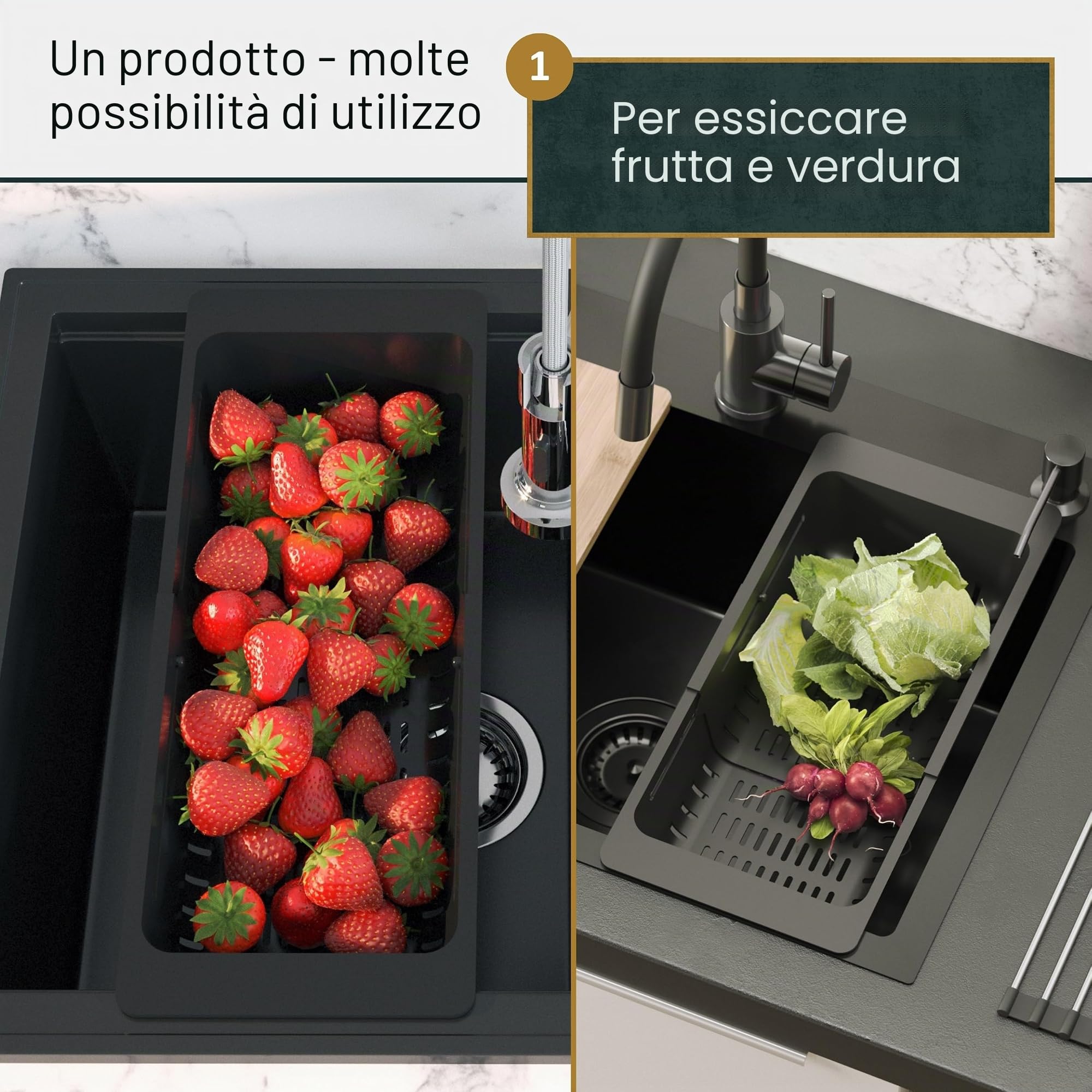 Colino per lavello frutta e verdura – Colino regolabile e vassoio scolapasta 39 – 55 cm – Lavabile in lavastoviglie e senza BPA – Stabile colino da cucina nero – Sink Strainer – Sink Quality
