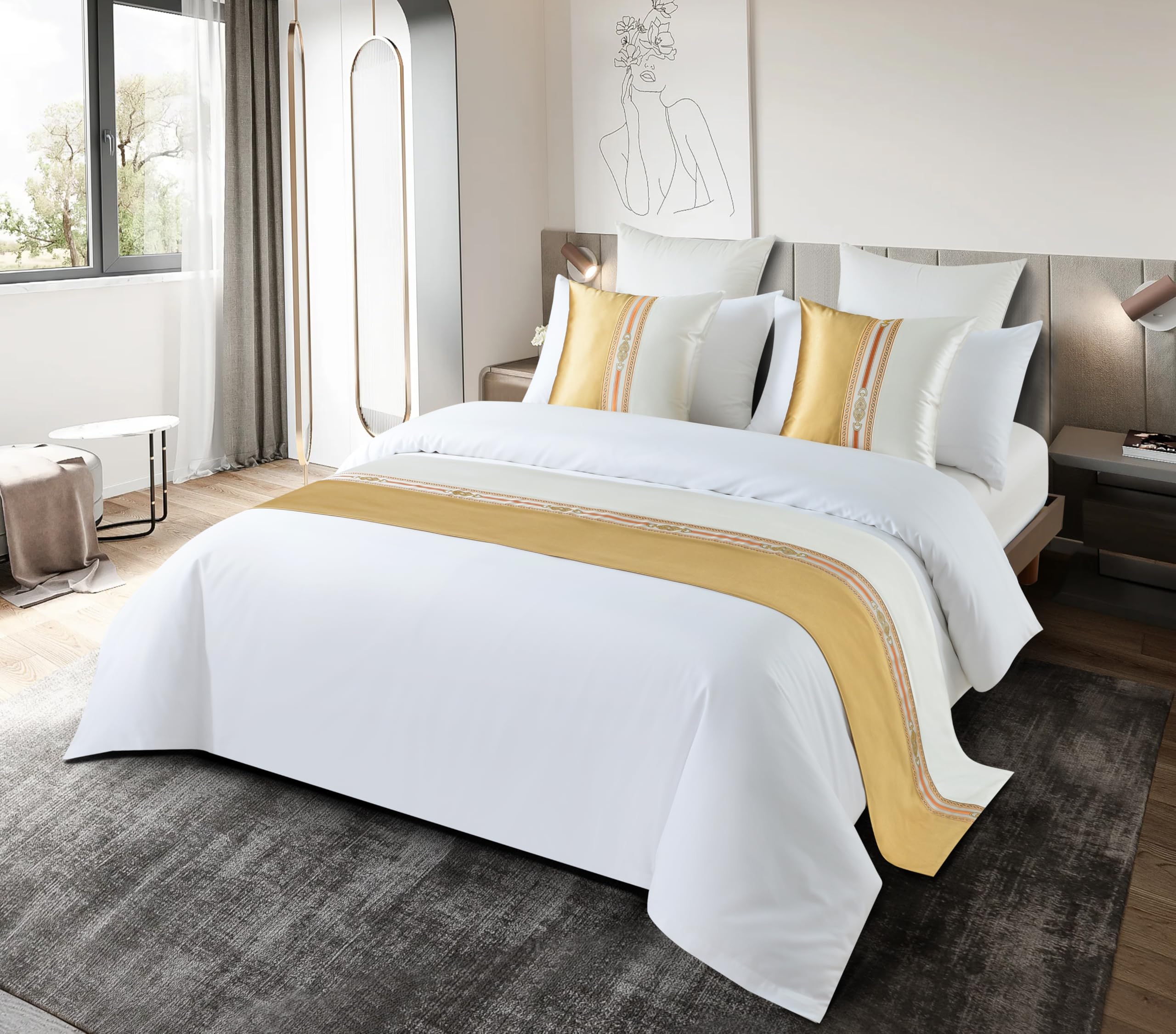 Eseriallen Luxury Hotel Grade Bed Runner golden 180X50cm for 1.2m Bed Elegant comfortable Fabric with Matching Cushions Wrinkle-Free and Premium Finish