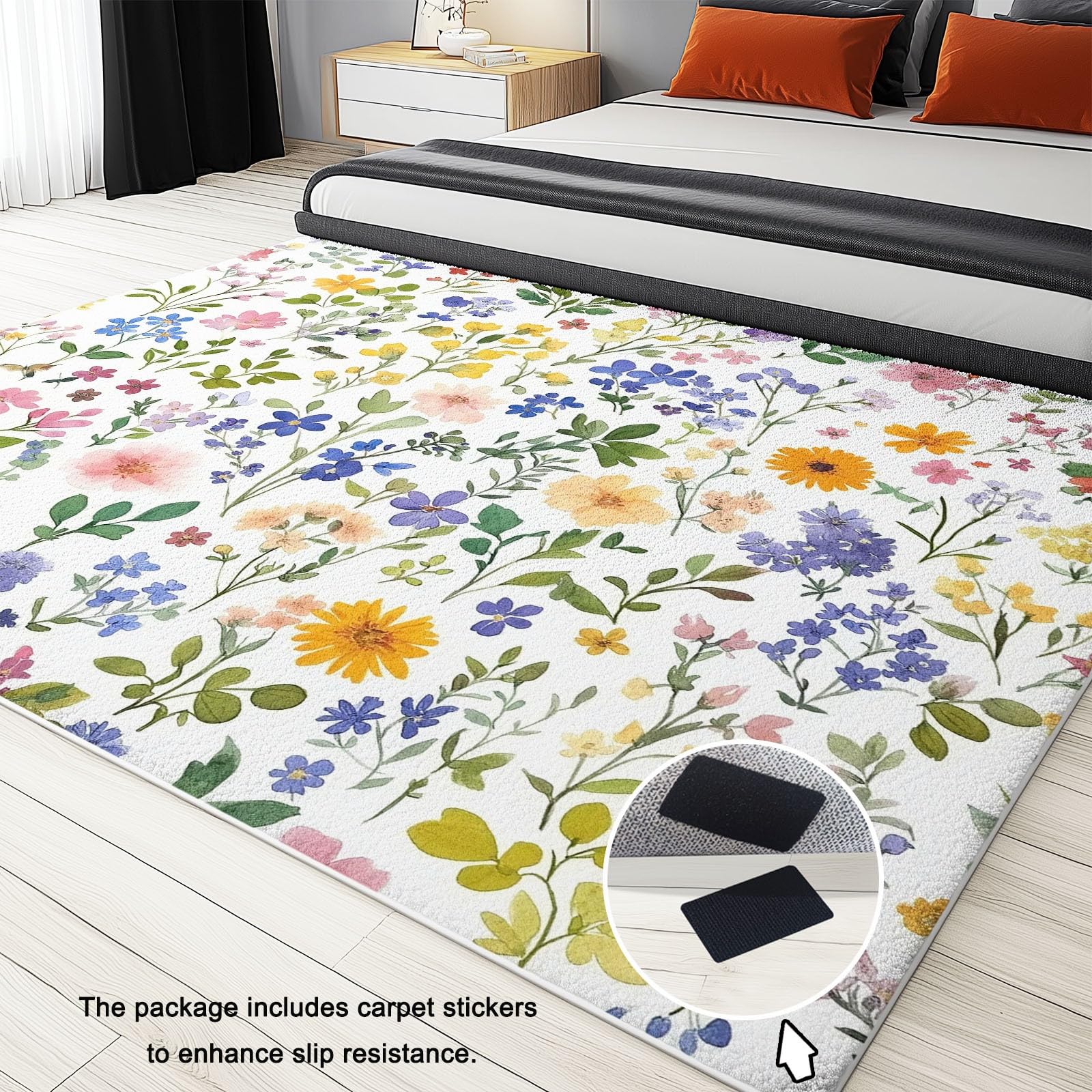 Tapis de Salon 80x150 cm Antidérapant Lavable en Machine Motif Aquarelle Fleurs Sauvages