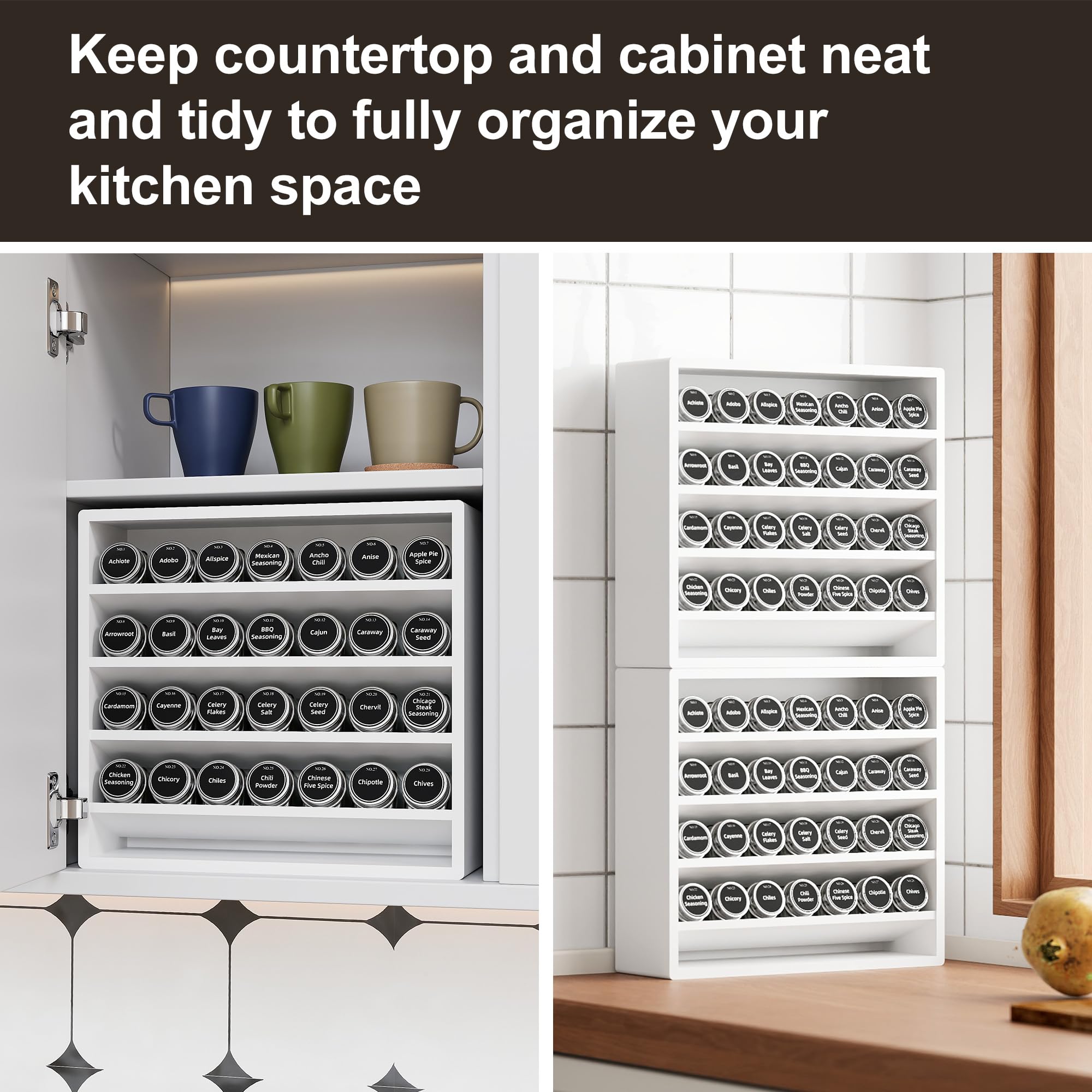 Orimade Étagère à épices à 4 niveaux pour armoire, étagère autoportante en bambou pour comptoir, placard, garde-manger, cuisine, 33,5 x 10,5 x 31 cm (pots à épices non inclus), blanc