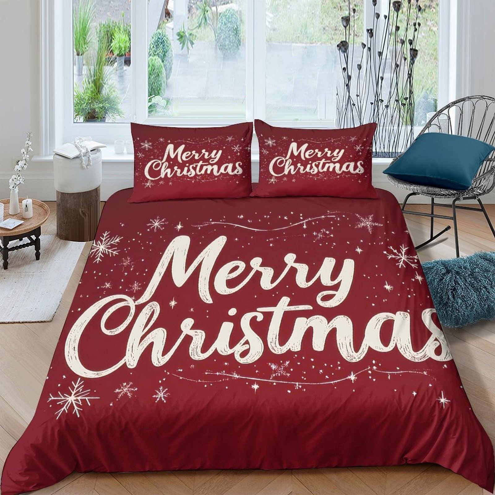 Ctjqhvkz Style-6 3D Printed Merry Christmas Fitted Sheet Microfiber Red Bed Cover Snowflake Pattern For Bedroom Guest Room Decor Single（135X200cm）