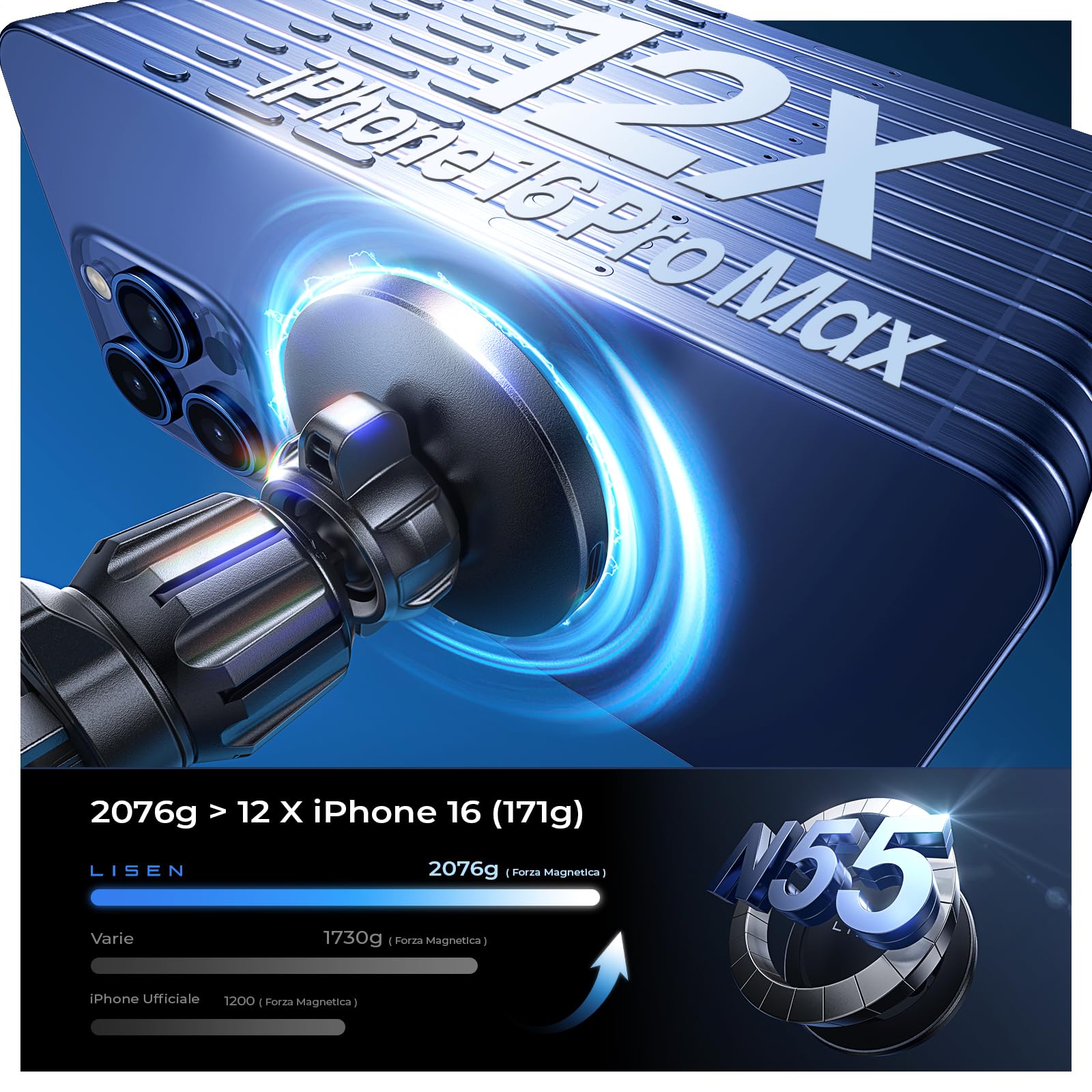 LISEN 15W Supporto Auto Magsafe [2025 N55 Magnete] [Stabile Senza Cadute] Porta iPhone Auto, Ricarica Veloce Supporto Magnetico Cellulare, Caricatore Wireless Accessori 17 per iPhone 16 15 14 13 12