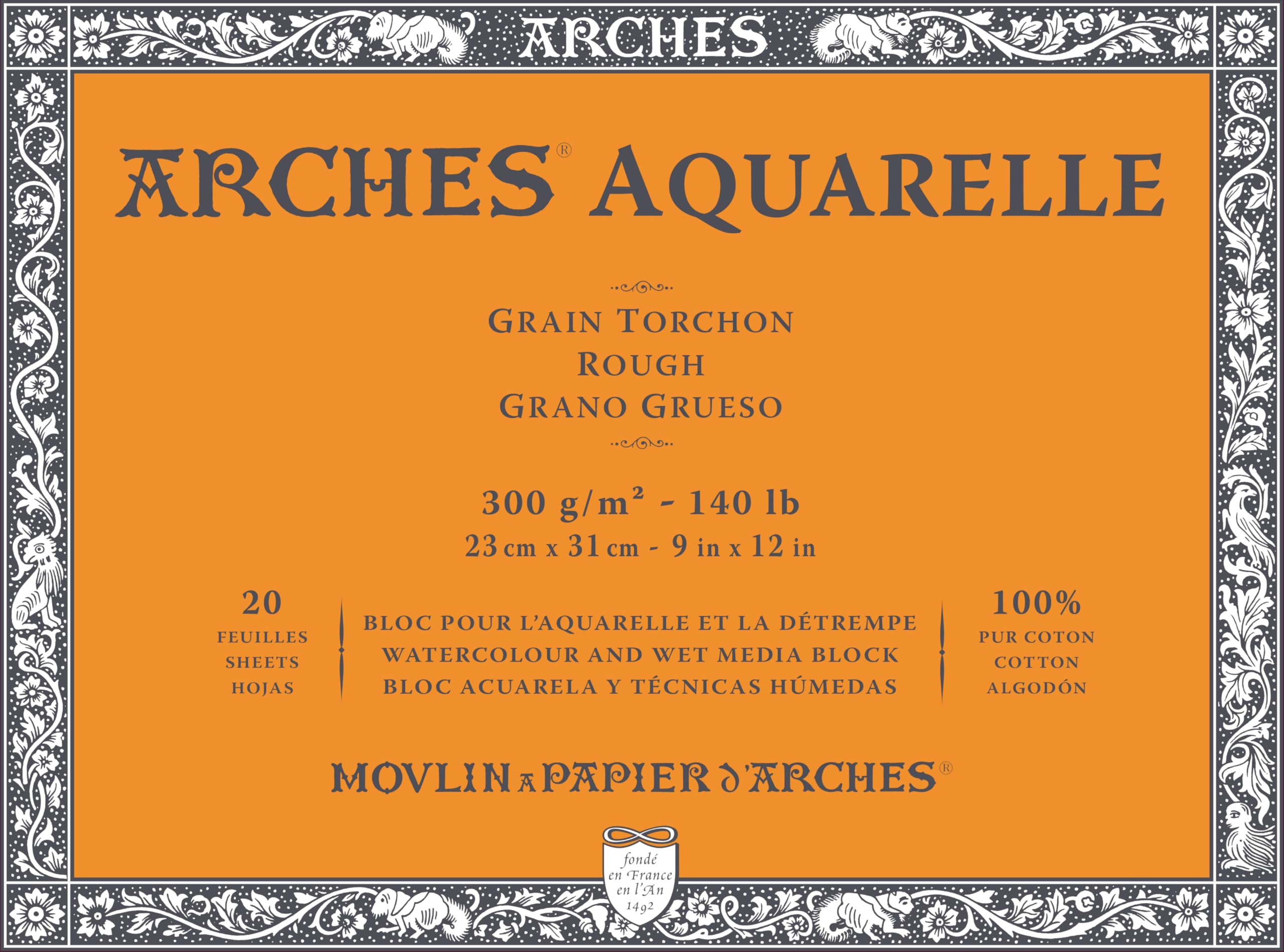 ARCHES Aquarelle - Bloc 20 feuilles 23x31 collé 4 côtés - 300g/m² - grain torchon, blanc naturel, 4 bords francs