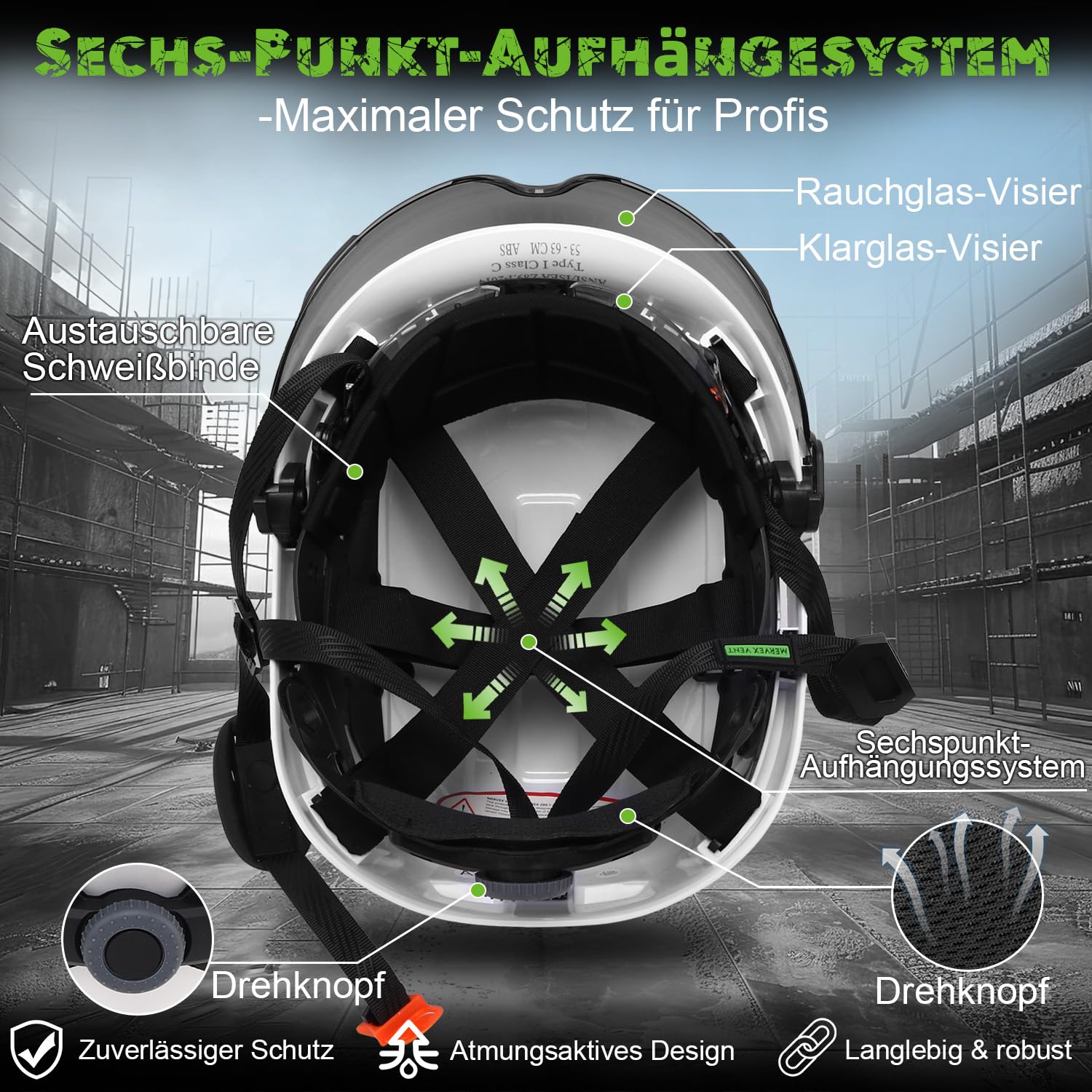 GREEN DEVIL Mervex Casco protettivo – Casco forestale con doppio vetro protettivo EN166 & silenziatore EN352 SNR32dB, certificato EN397, materiale ABS unisex per giardinaggio, cascate e cantieri