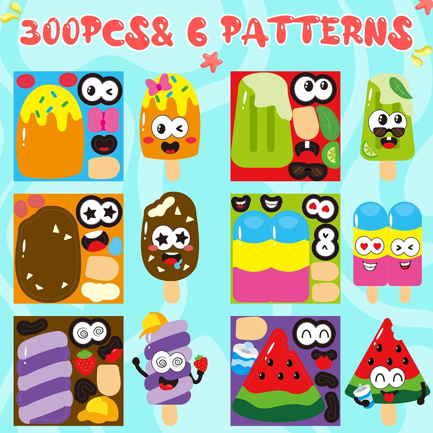 ANGOLIO 300PCS Summer Back to School Ice Cream Making Face Sticker Scene Roll Watermelon Chocolate Dessert Decals DIY Summer Sticker for Holiday Party Favors Classroom Rewards Activities Supplies