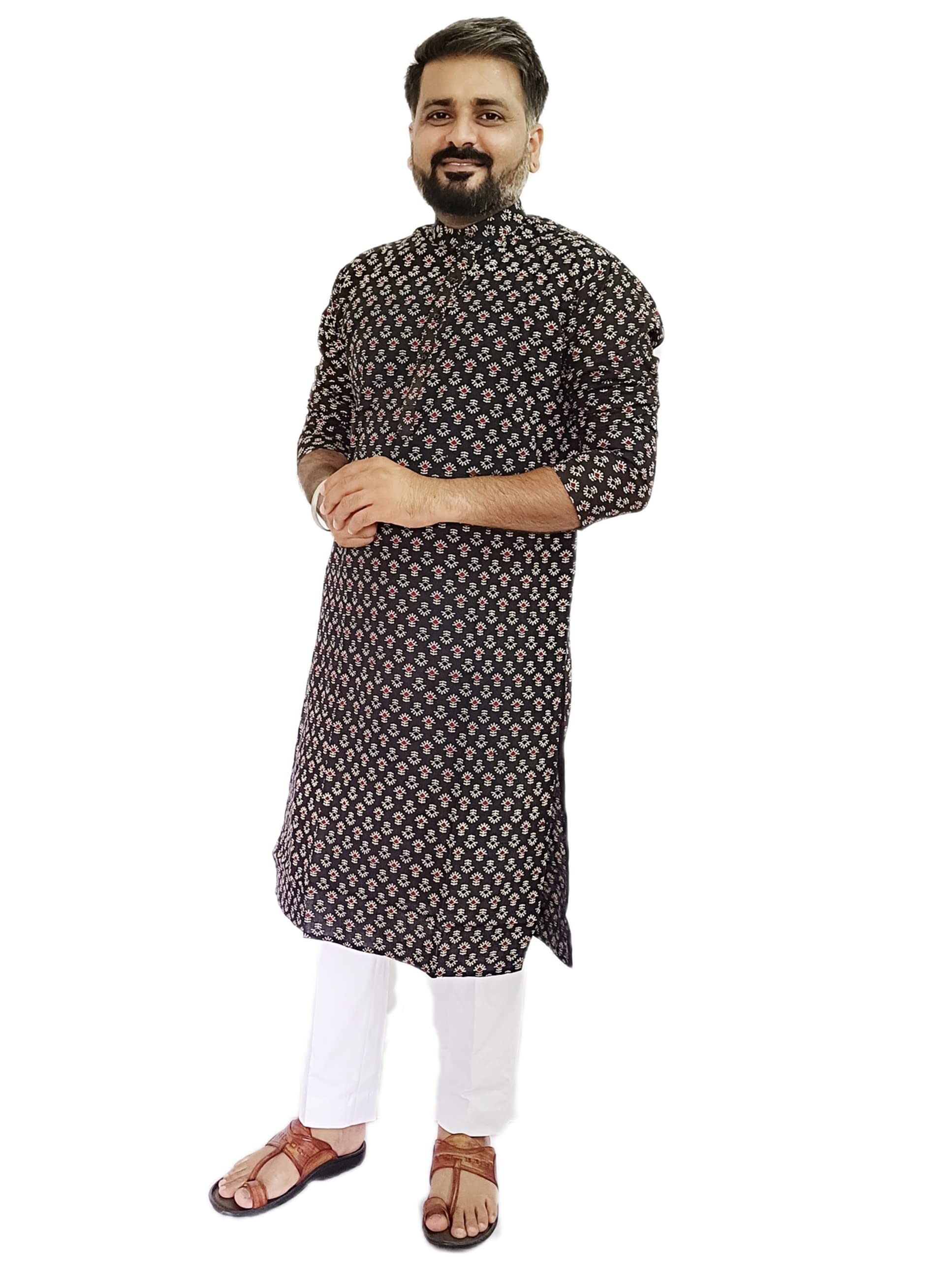 AKS CreationsMen's Self Design Ajrakh Black Floral Printed Cotton Kurta, Rajasthani Traditional Kurta for Men