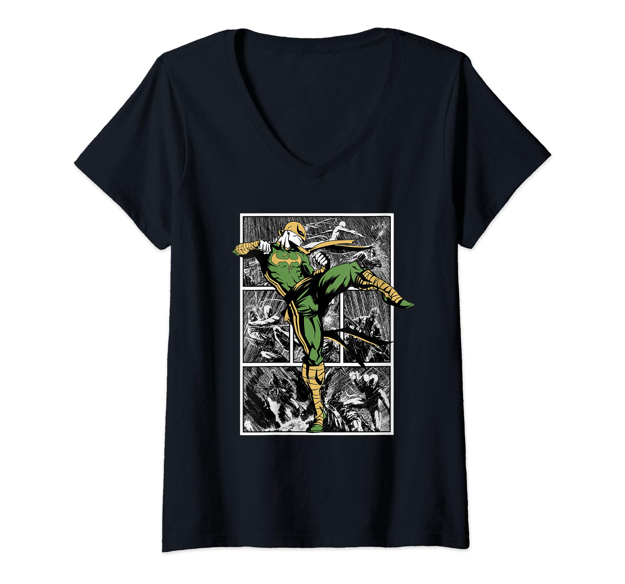 MarvelWomens Marvel Immortal Iron Fist Action Pose Comic Panel Collage V-Neck T-Shirt