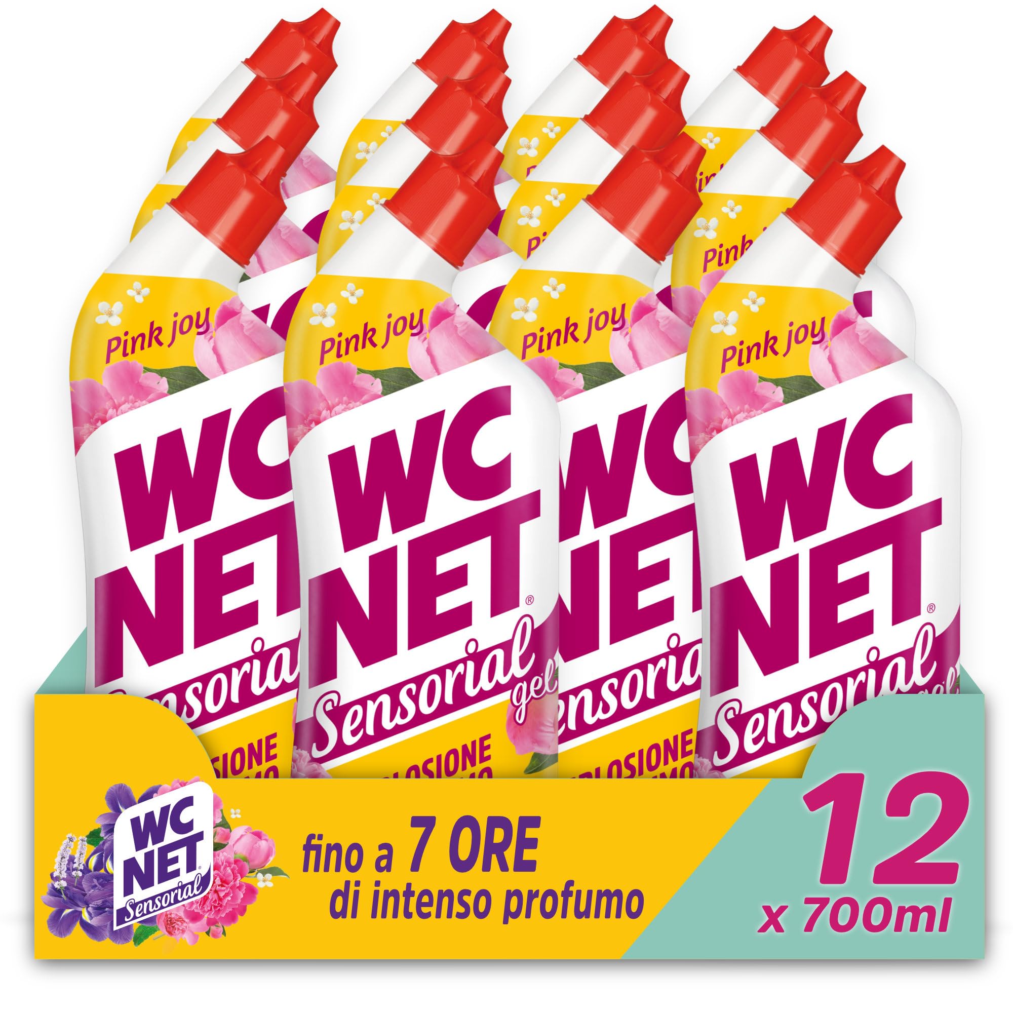 Wc Net Gel Sensorial Pink Joy, Peonia e Muschio Bianco, 700 ml x 12 | Igienizza il WC e previene il calcare, formula in gel con effetto perlato, pulito profondo e profumo a ogni scarico
