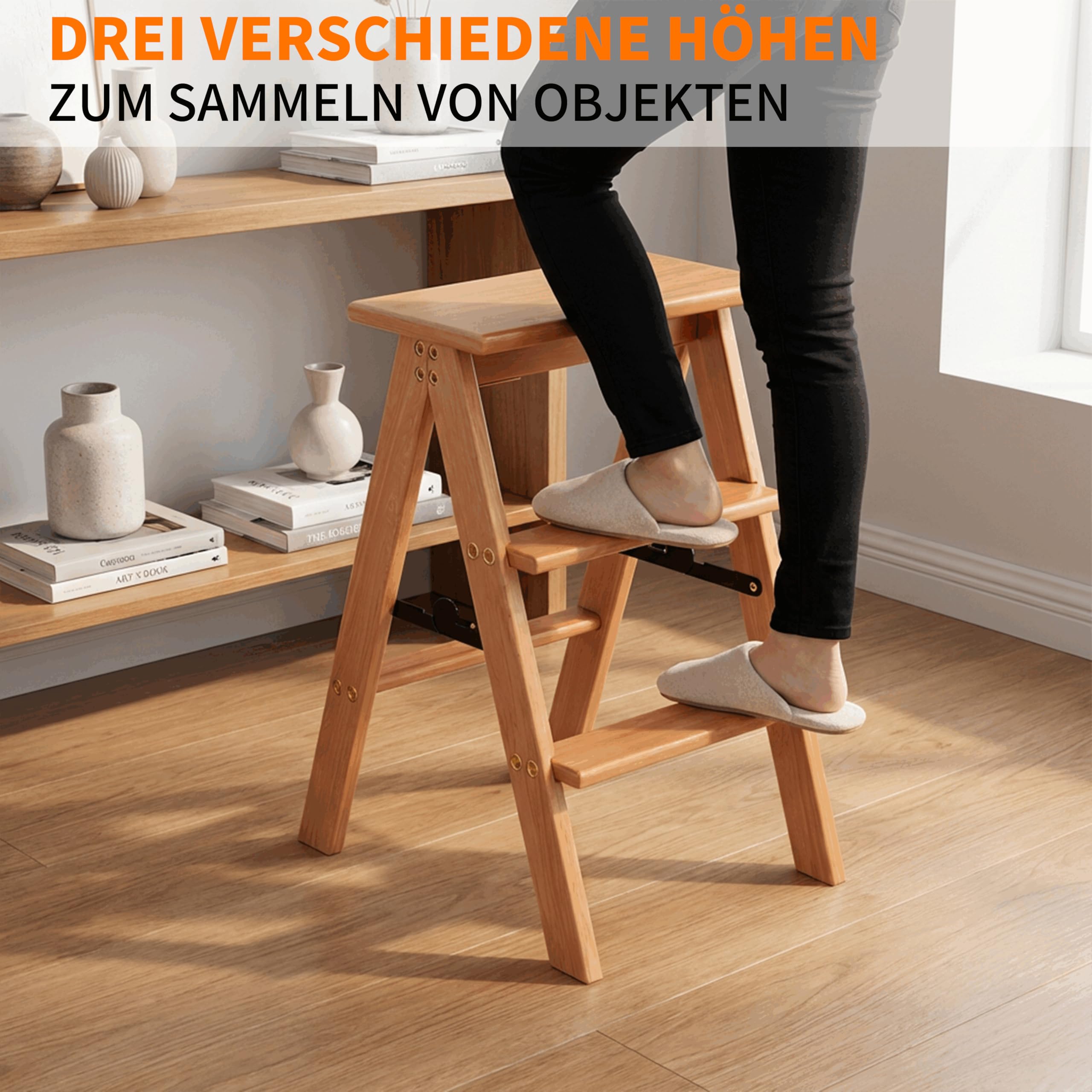 Escalera de 3 peldaños, Taburete Plegable de Madera, Silla Plegable, Antideslizante, portátil y Resistente para el hogar, la Cocina y la Oficina (Madera EW1)