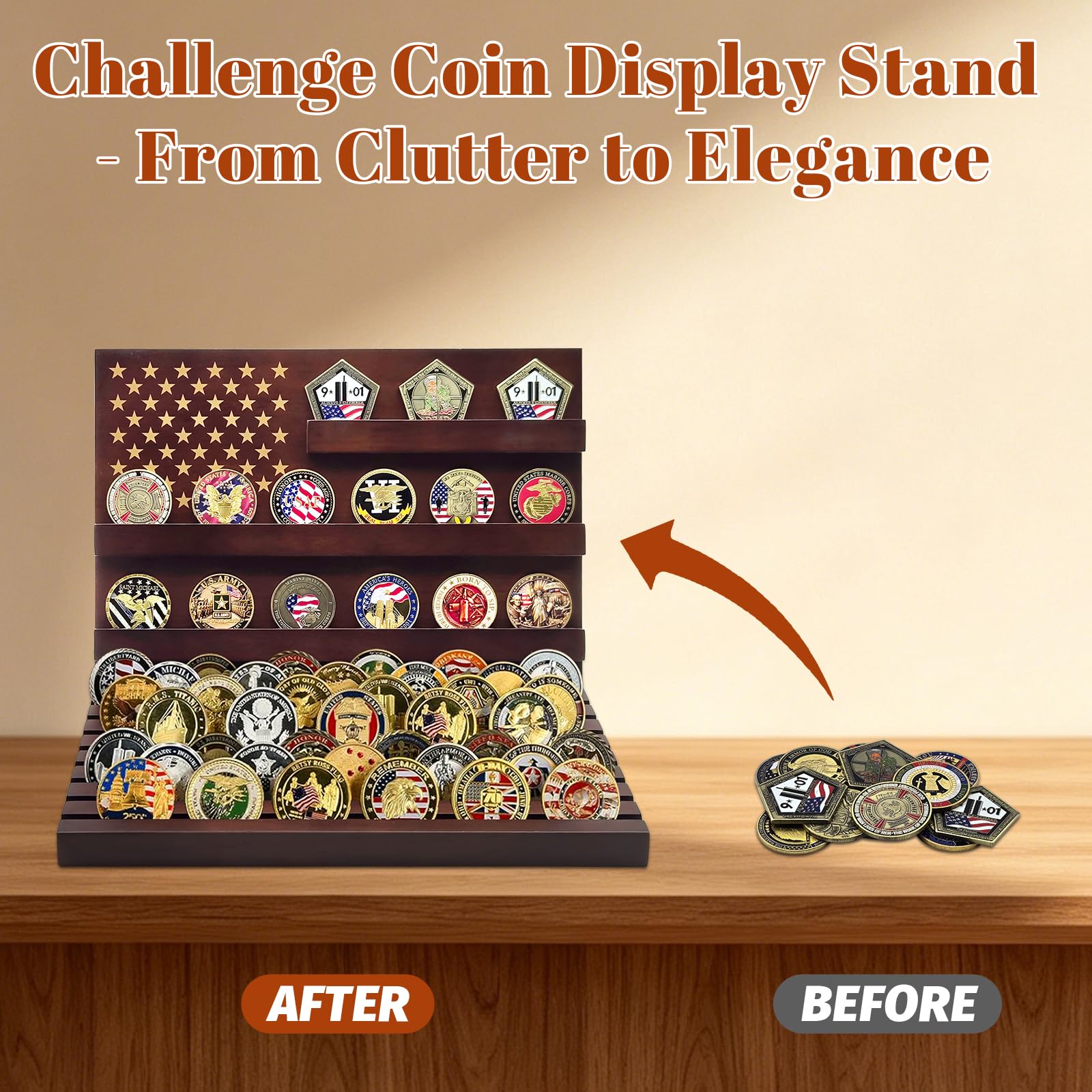 Challenge - Soporte Exhibición Militar para Monedas de Madera con Capacidad para 60-65 Monedas