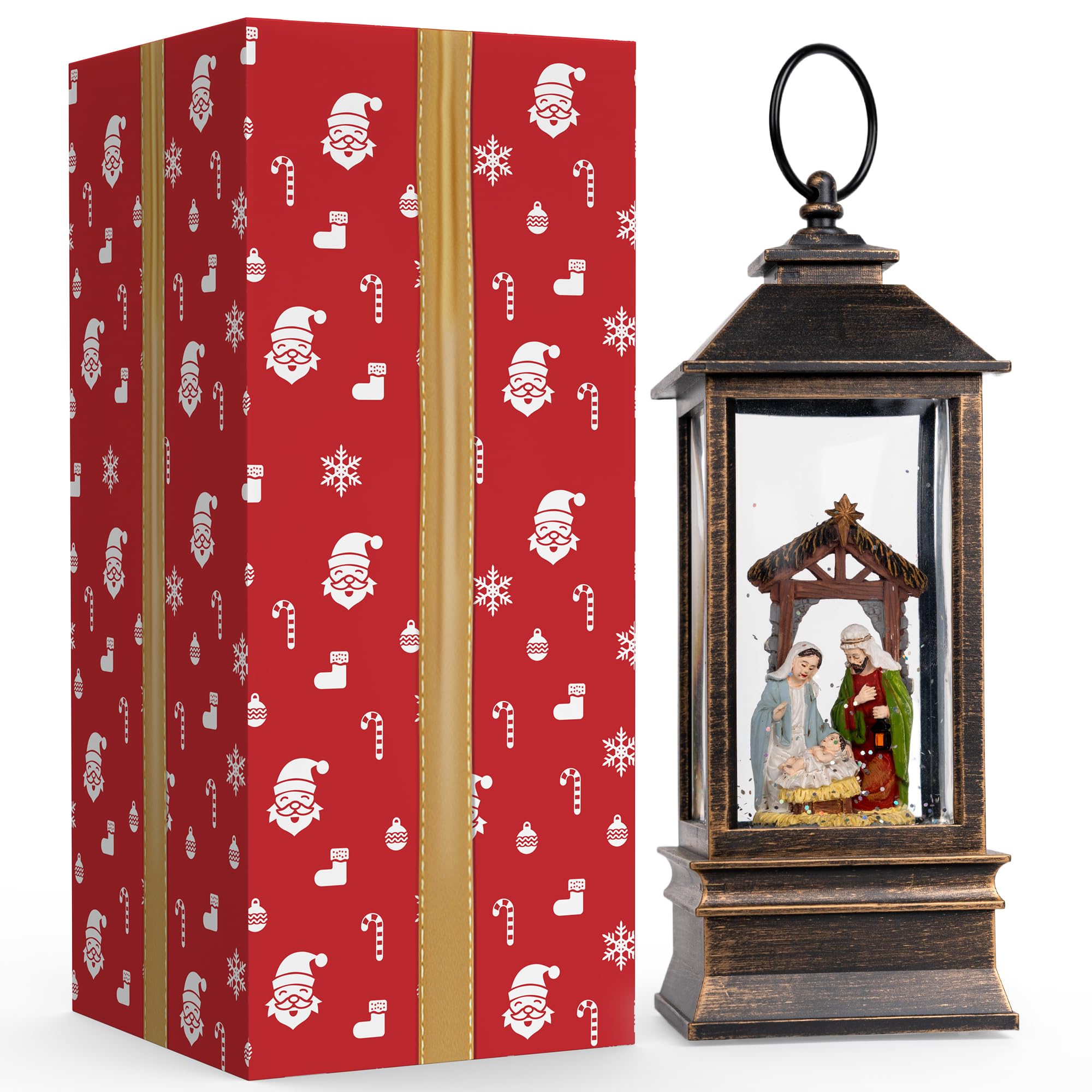Linterna musical de globo de nieve de 10 pulgadas iluminada con escena de pesebre, farol de agua, remolino brillante, decoración del hogar y regalo, funciona con pilas o alimentado por USB