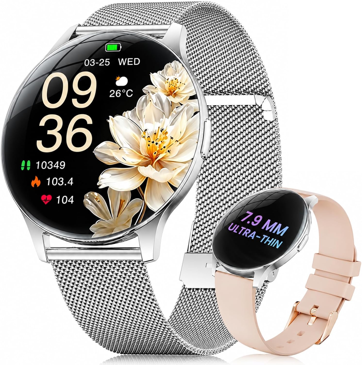 (-50%) ESFOE Damen Smartwatch Ultradünn,1.43" AMOLED Smart Watch mit Bluetooth Anrufe,Uhr Damen Herren mit 120 Sportmodi Pulsuhr Schlafmonitor Schrittzähler, IP68 Fitnessuhr für iOS Android Silber