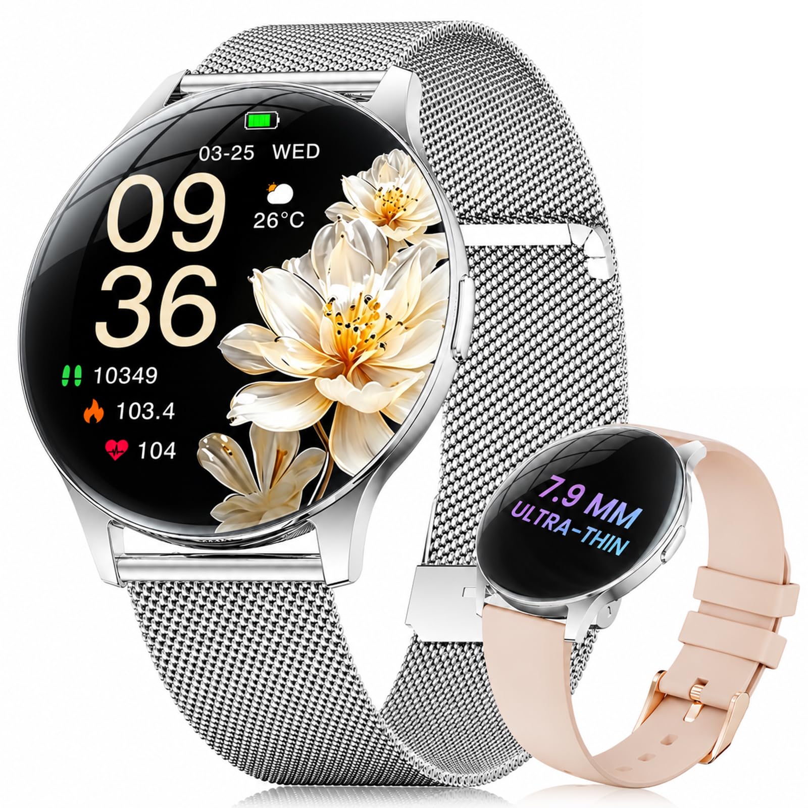 ESFOE Smartwatch Donna,Display AMOLED curvo 1,43", 7,9 mm ultrasottile,Orologio Smart Watch con Chiamate,2 Cinturini,Frequenza Cardiaca,IP68 Impermeabile Fitness Tracker Android iOS Argento