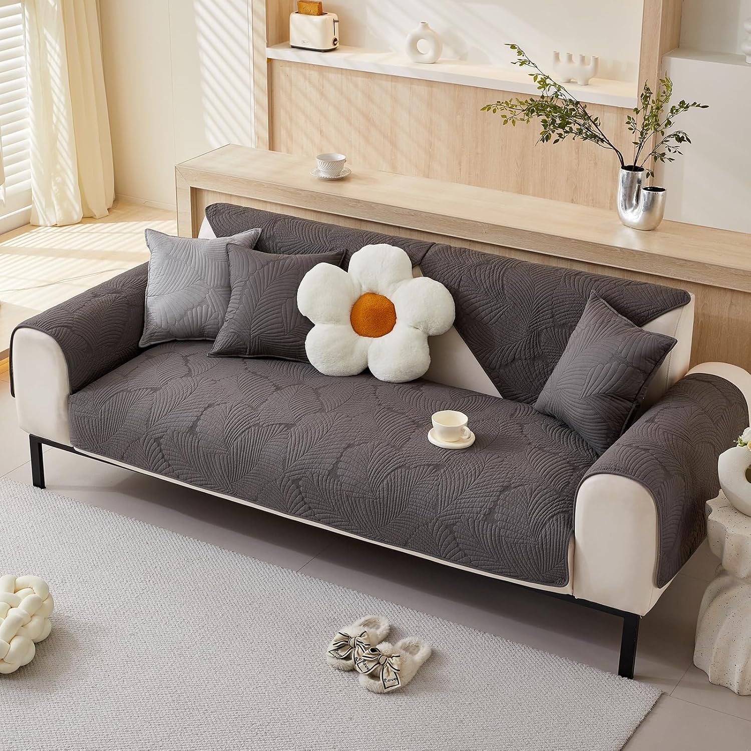 vctops Soft Cotton Quilted Couch Cover Neutral Leaf Embroidery Sofa Cover Anti Slip Sectional Couch Covers Washable Sofa Slipcover for Dogs, Children, Pets Furniture Protector (Dark Grey,36"x94")