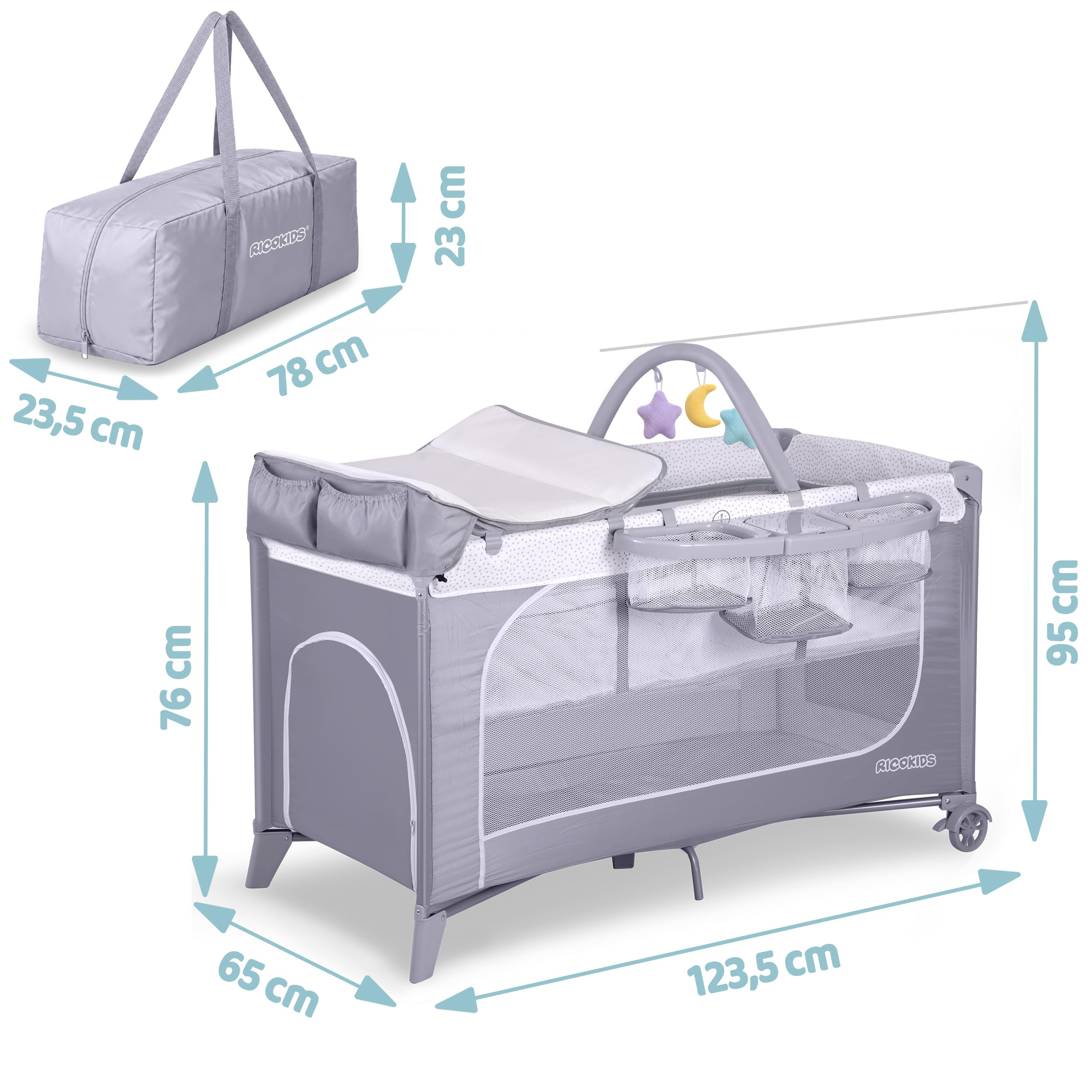 Ricokids Łóżeczko turystyczne dla niemowląt z materacem 123,5 x 65 x 76 cm do 15 kg 2 koła z hamulcami Szare