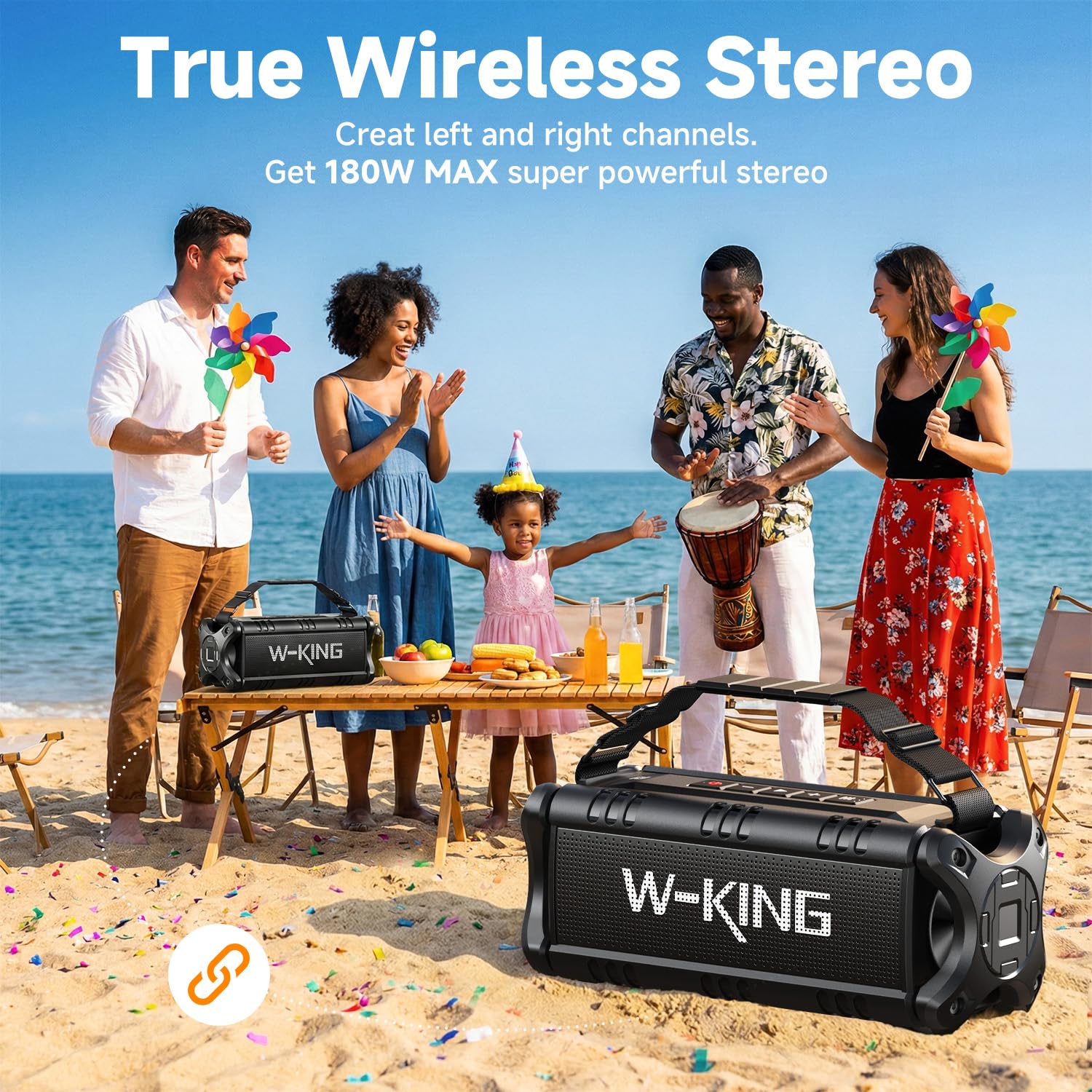 W-KING Bluetooth Lautsprecher, 90W Peak Outdoor Lautsprecher,50W RMS Subwoofer, IPX6 Wasserdicht, Tragbarer Musikbox Deep Bass, Boombox, DSP, 40H Akku, AUX, EQ, TF, Camping, Strand, Garten
