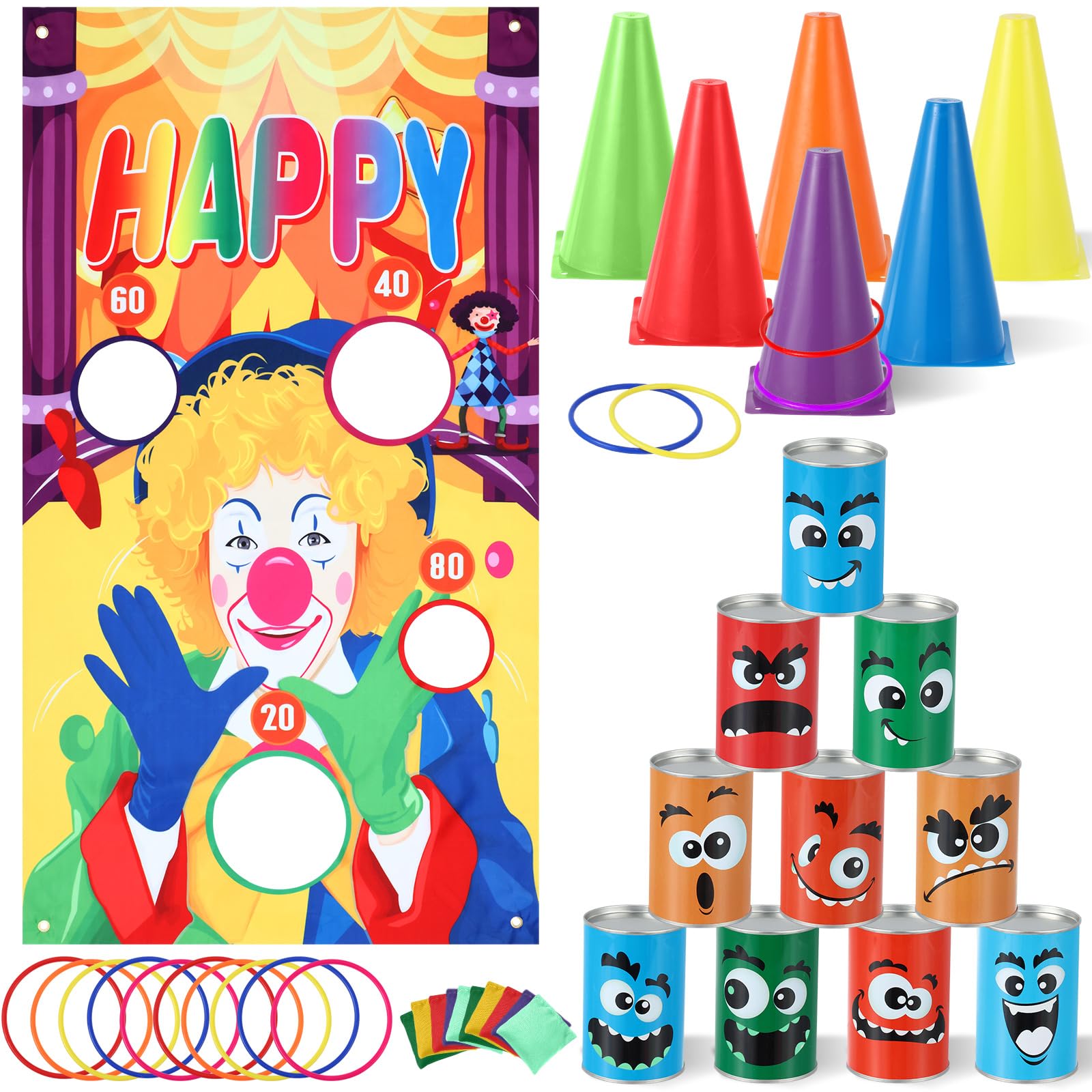 40 Pcs Carnival Set Halloween Bean Bags Toss 5 in 1 Plastic Cones Ring Can Bean Bag Toss for Adults Family Birthday Halloween Party Carnival Yard Indoor and Outdoor