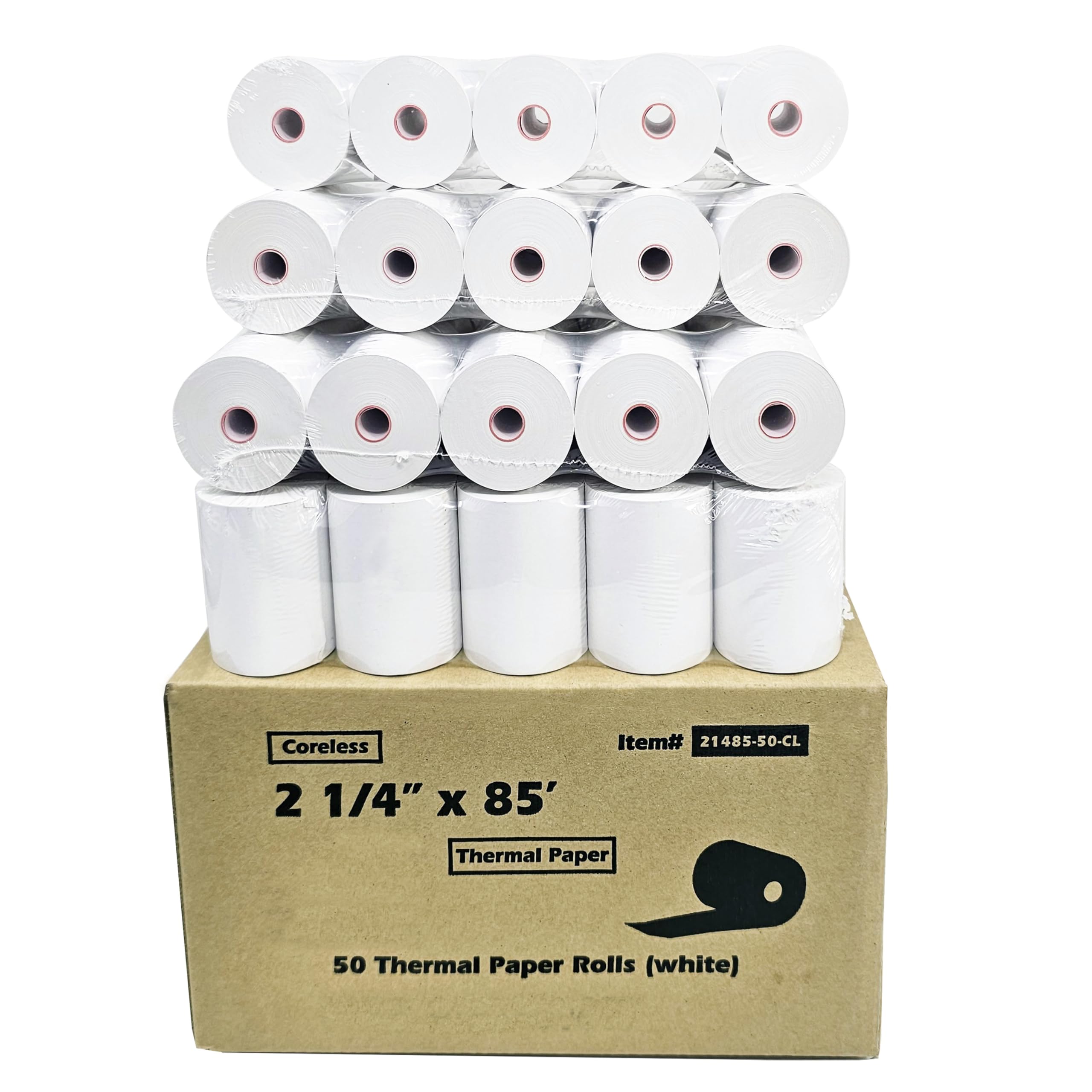 (50 rollos sin núcleo) de papel térmico de 2 1/4 x 85 pulgadas, se adapta a todos los terminales de tarjetas de crédito Verifone VX520 Ingenico ICT220 ICT250 sin BPA BuyRegisterRolls