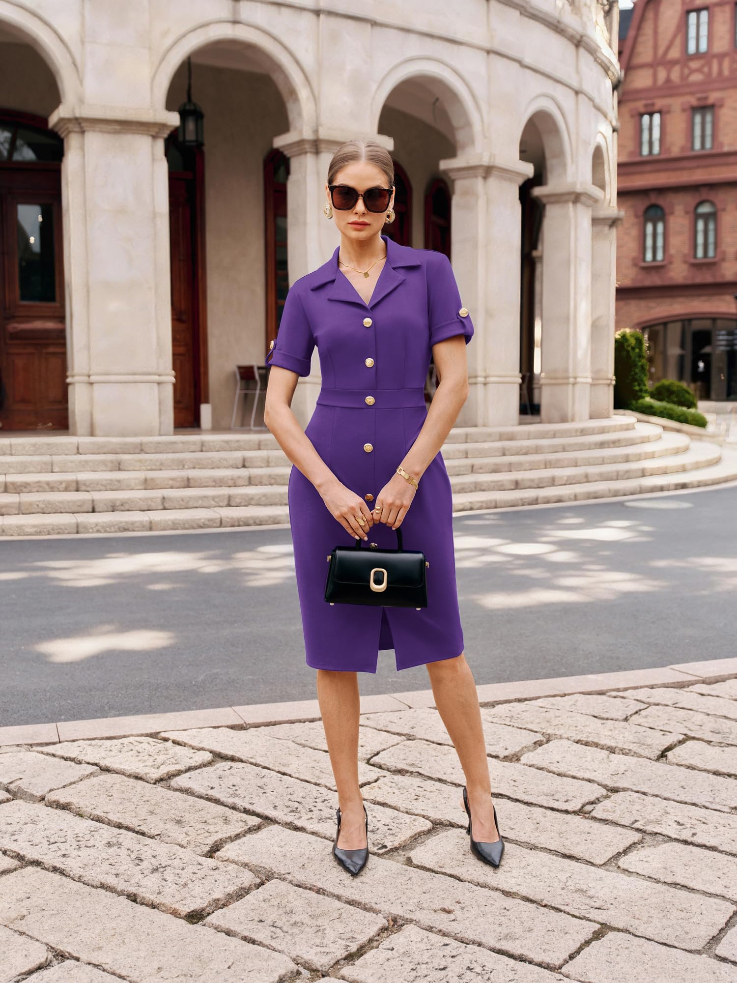 GRACE KARIN Abito elegante da donna, da lavoro, attillato, con bottoni sul davanti