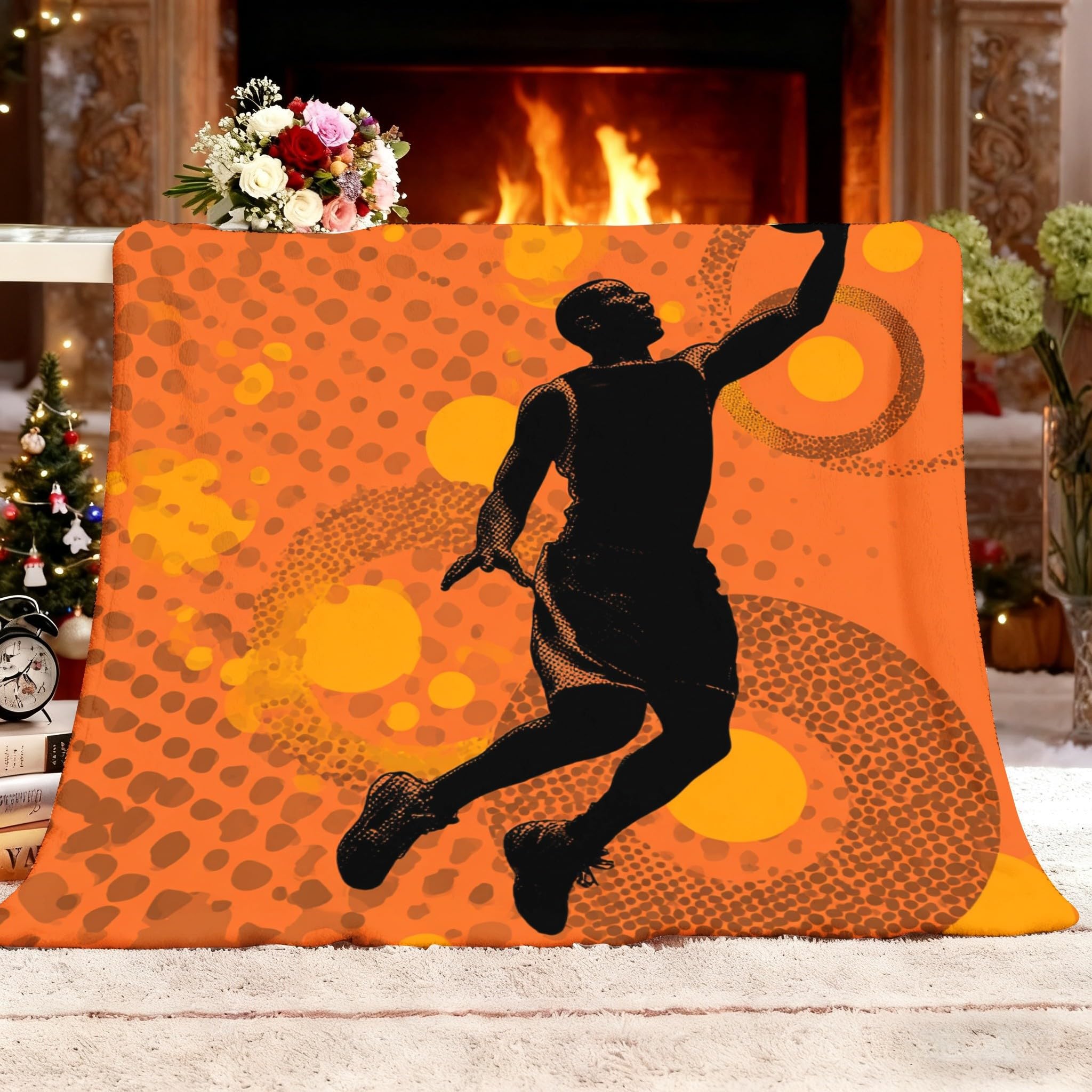 Couverture polaire basket 150x200 cm orange toutes saisons pour lit et canapé