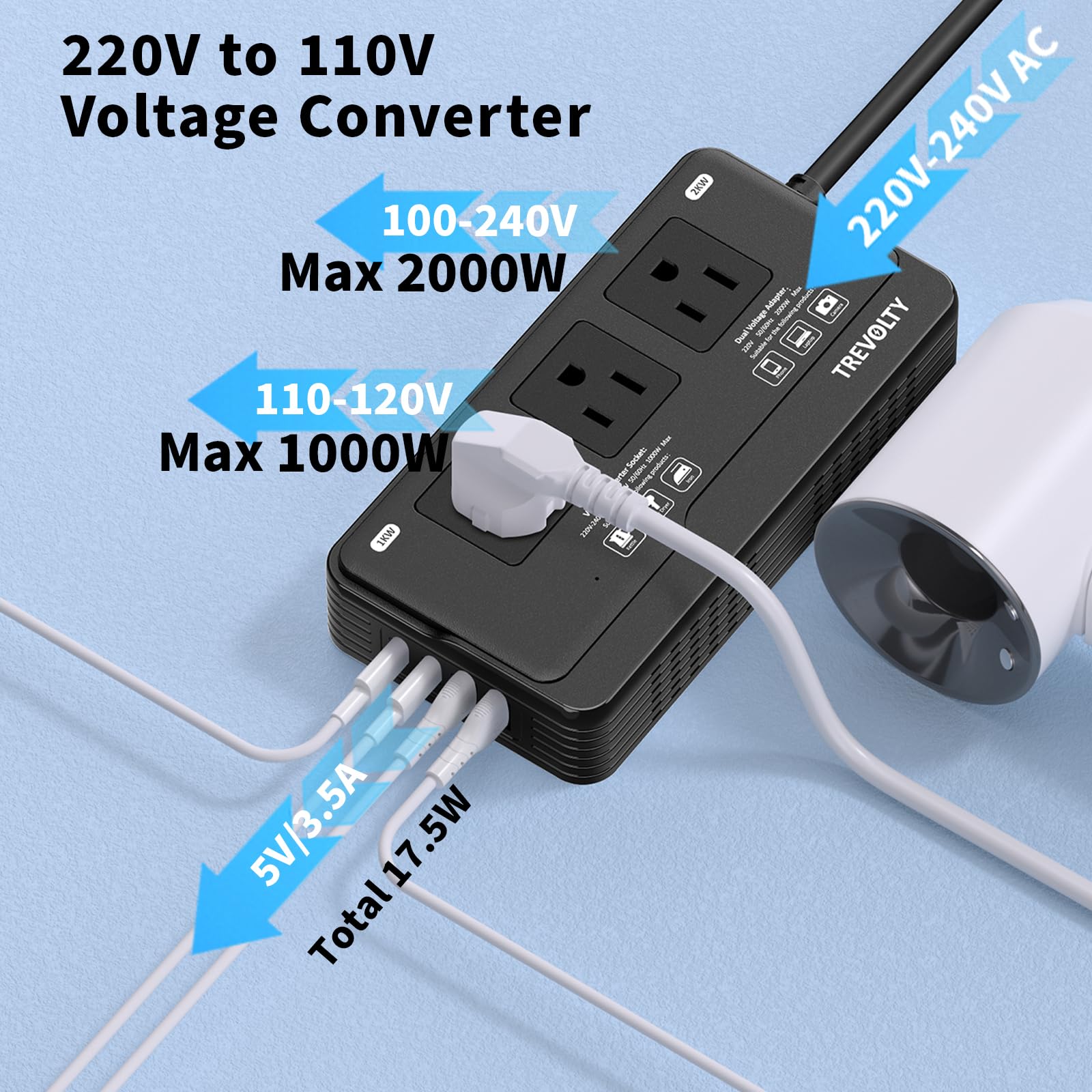 Convertidor de voltaje de 220 a 110 Estados Unidos a Europa para secador de pelo y hervidor – Adaptador convertidor de corriente 7 en 1 combinado con 3 salidas de CA + 4 puertos USB y enchufes EU/UK