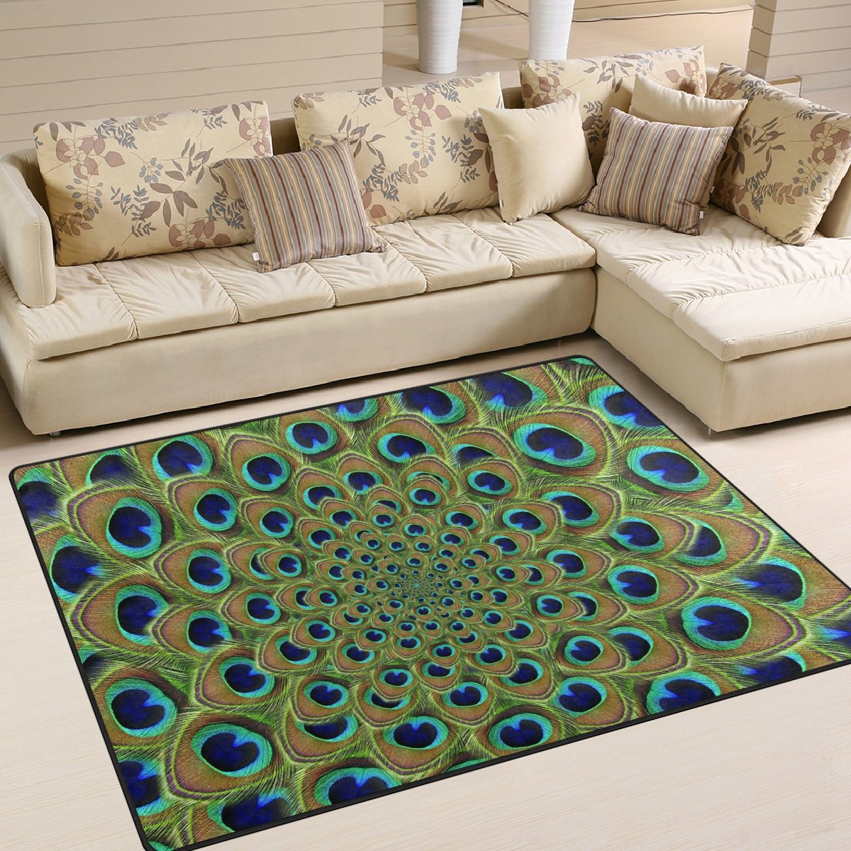 Use7 Multicolor Green Peacock Feather Area Rug For Living Room Bedroom 203Cm X 147.3Cm(7 X 5 Feet)