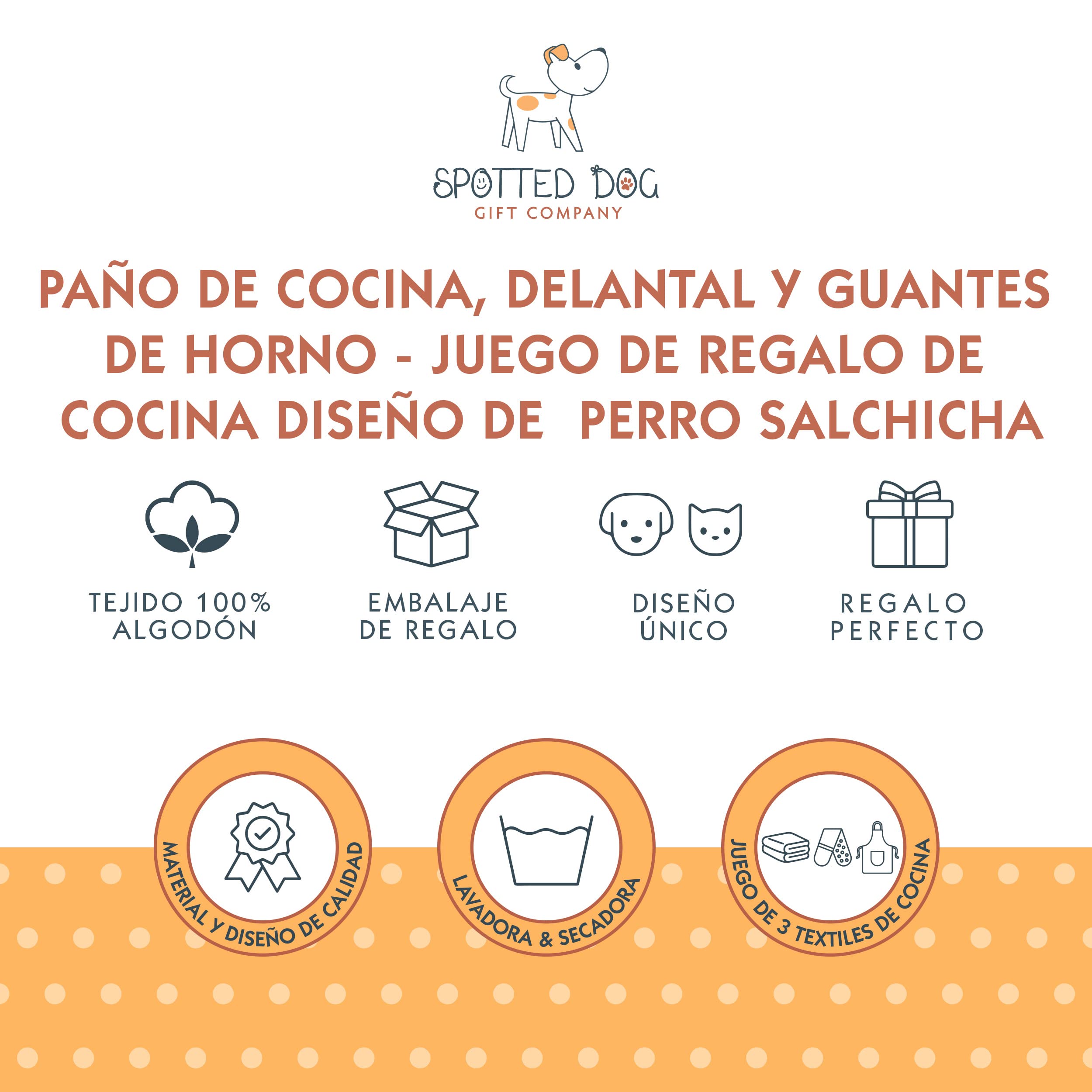 SPOTTED DOG GIFT COMPANY Juego de Regalo de 3 Piezas con Delantal, Paño de Cocina y Guante de Horno Doble, Accesorios Cocina Originales de Perros Salchicha, Regalos para Amantes de los Perros