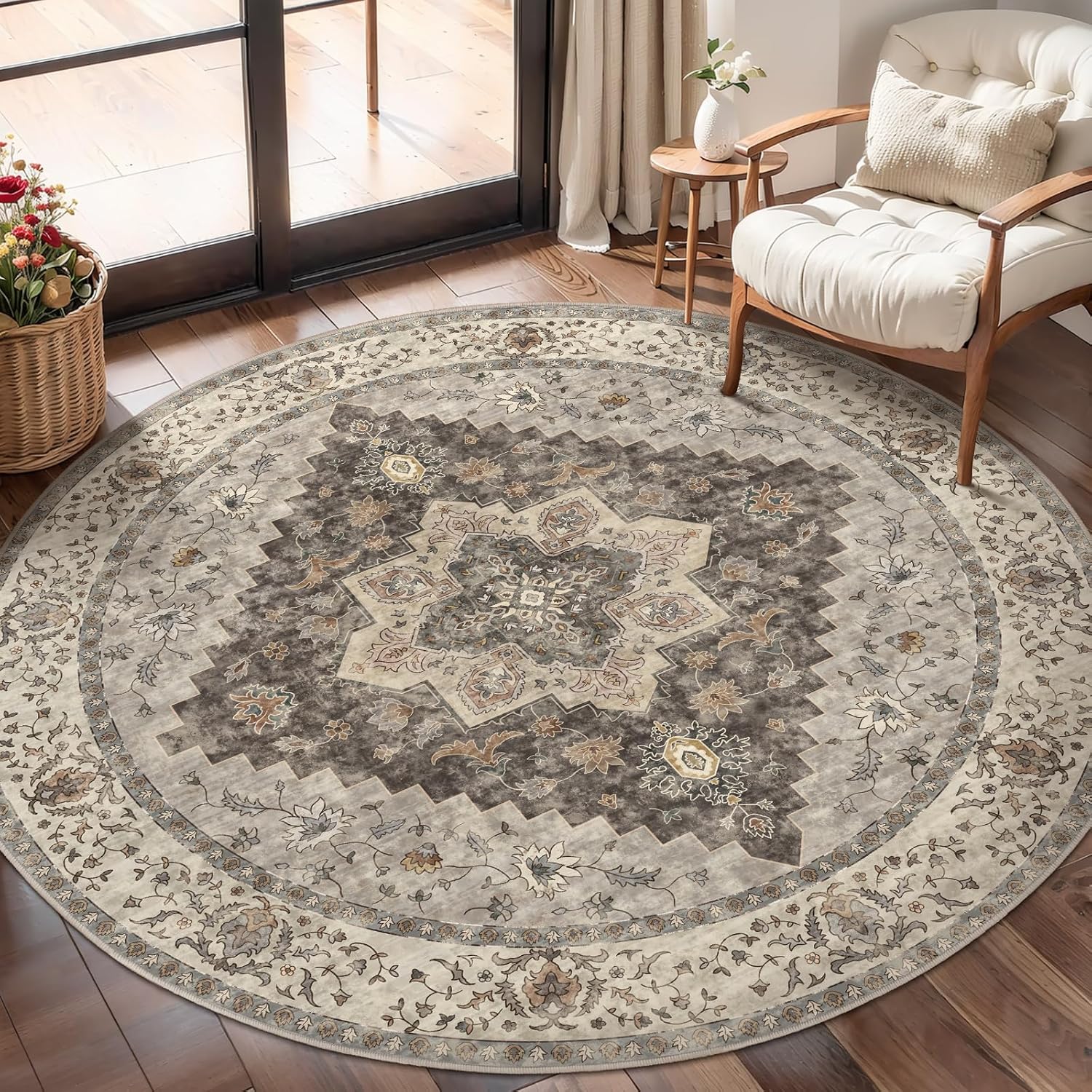 Vintage Round Rug 4ft Washable Circle Rug, Non Slip Small Boho Round Rug, Low Pile Circular Rugs, Round Carpet for Bedroom,Entryway,Nursery,Dorm,Kitchen,Brown/Grey 4'x4' Round Brown/Grey