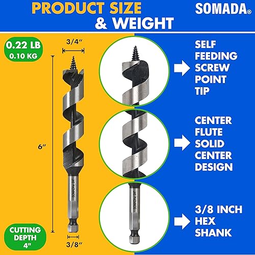 Vista 48 de SOMADA Broca de taladro de 3/4 pulgadas x 17 pulgadas para madera, vástago hexagonal de 3/8 pulgadas, una pieza, broca larga para madera blanda