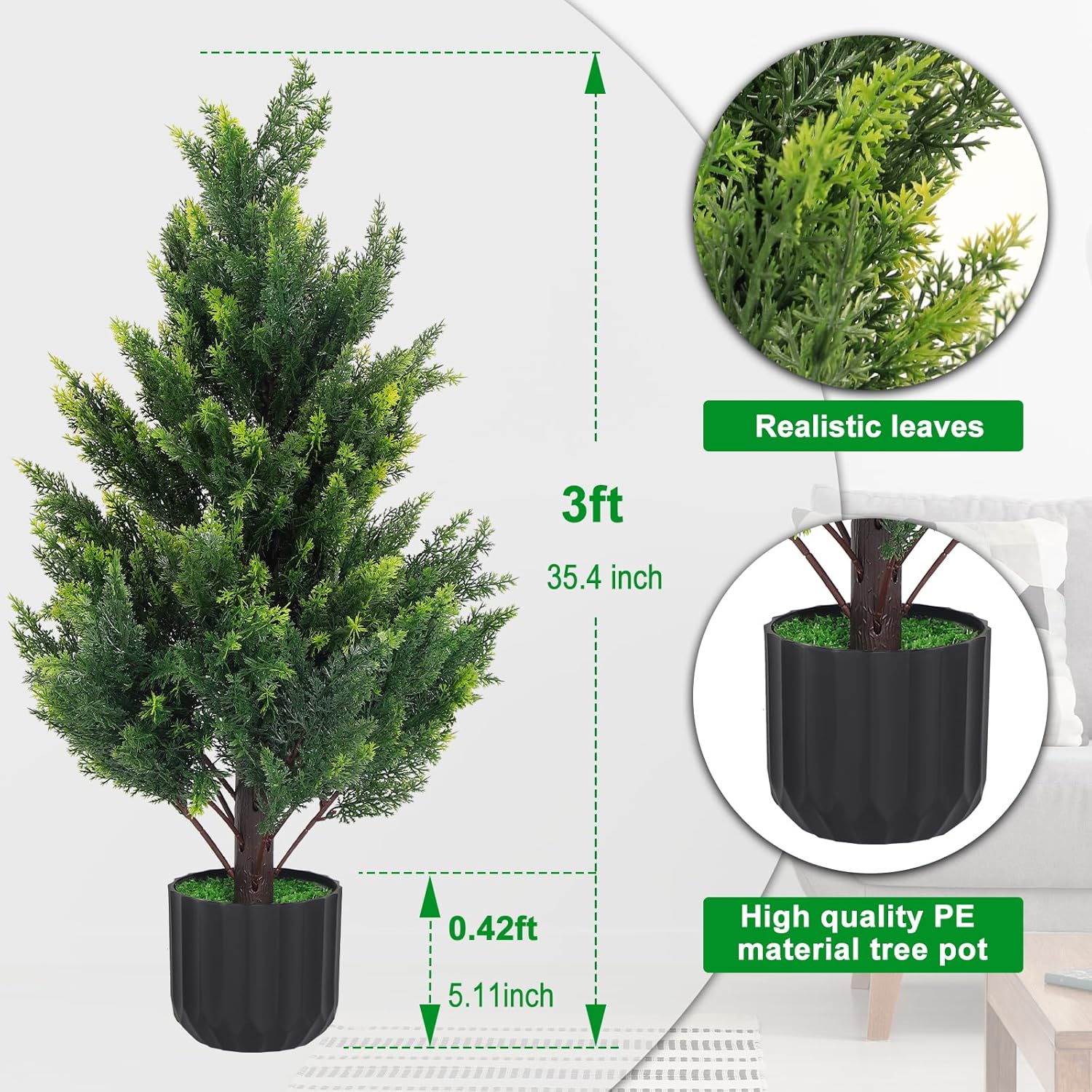 3FT Tall Artificial Cedar Topiary Trees Set of 2, Artificial UV Resistant Potted Plants, Faux Bushes Fake Shrubs for Outdoor Indoor Home Entryway Front Porch Garden Patio Offices Living Room Decor