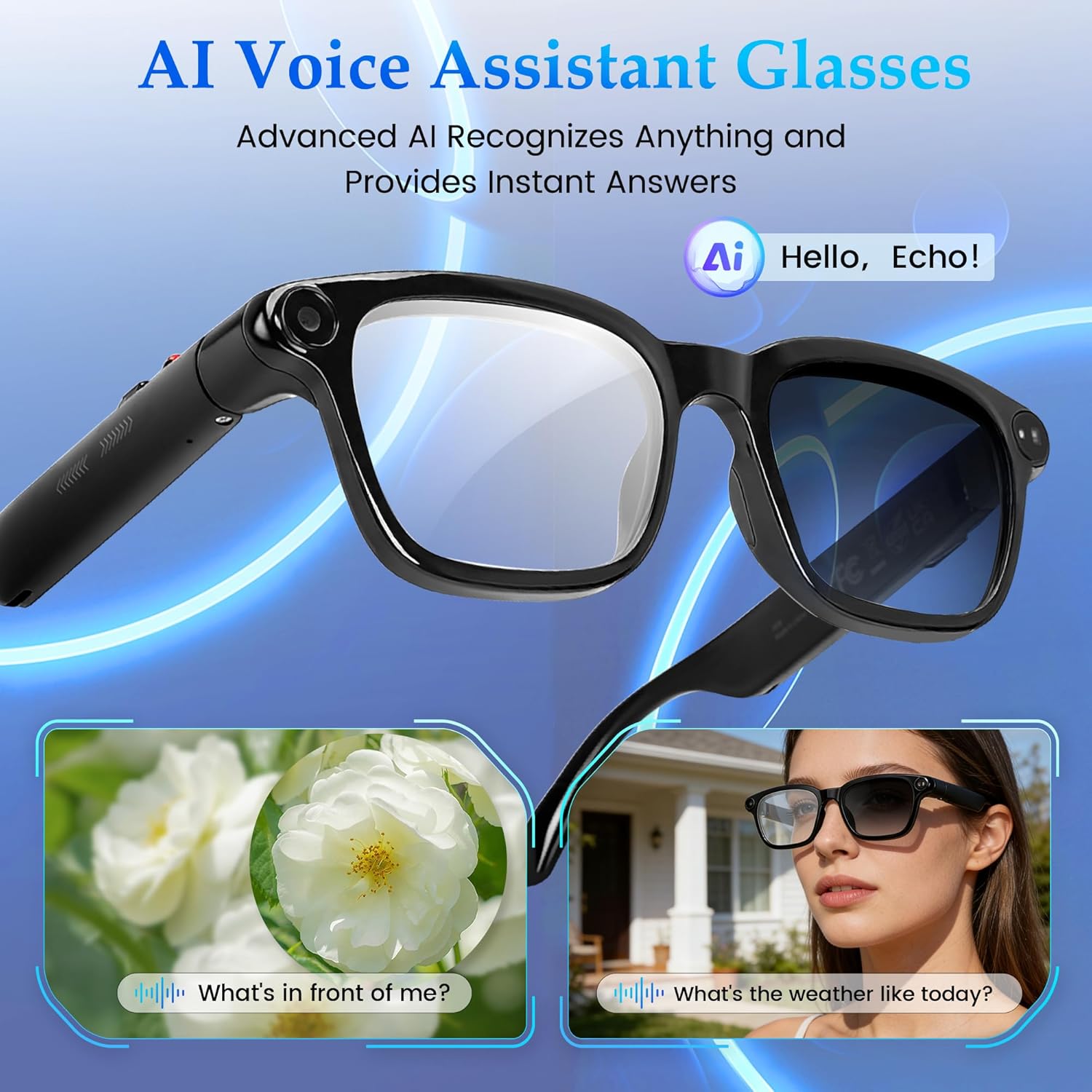 AI Smart Glasses with 8MP Camera, 1080P Video Recording & HD Photos for Men Women, Open-Ear Audio Bluetooth Glasses, Photochromic Lenses, AI Voice Assistant & Translation, Clear Calls & Music