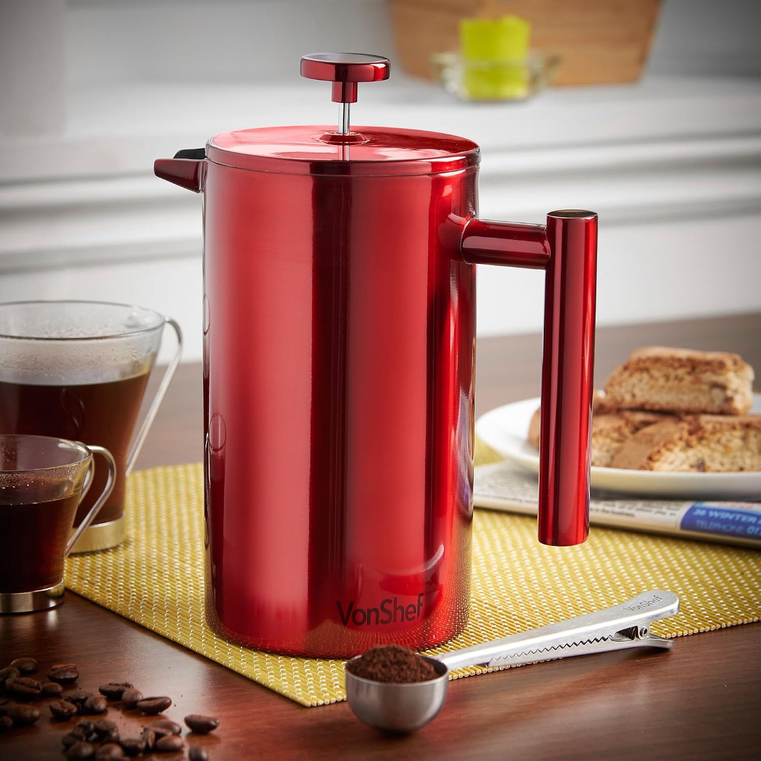 VonShef Red Double Wall Keep Warm Satin Polished Stainless Steel French Press Cafetiere Coffee Filter Includes Measuring Spoon with Bag Sealing Clip - 8 Cup